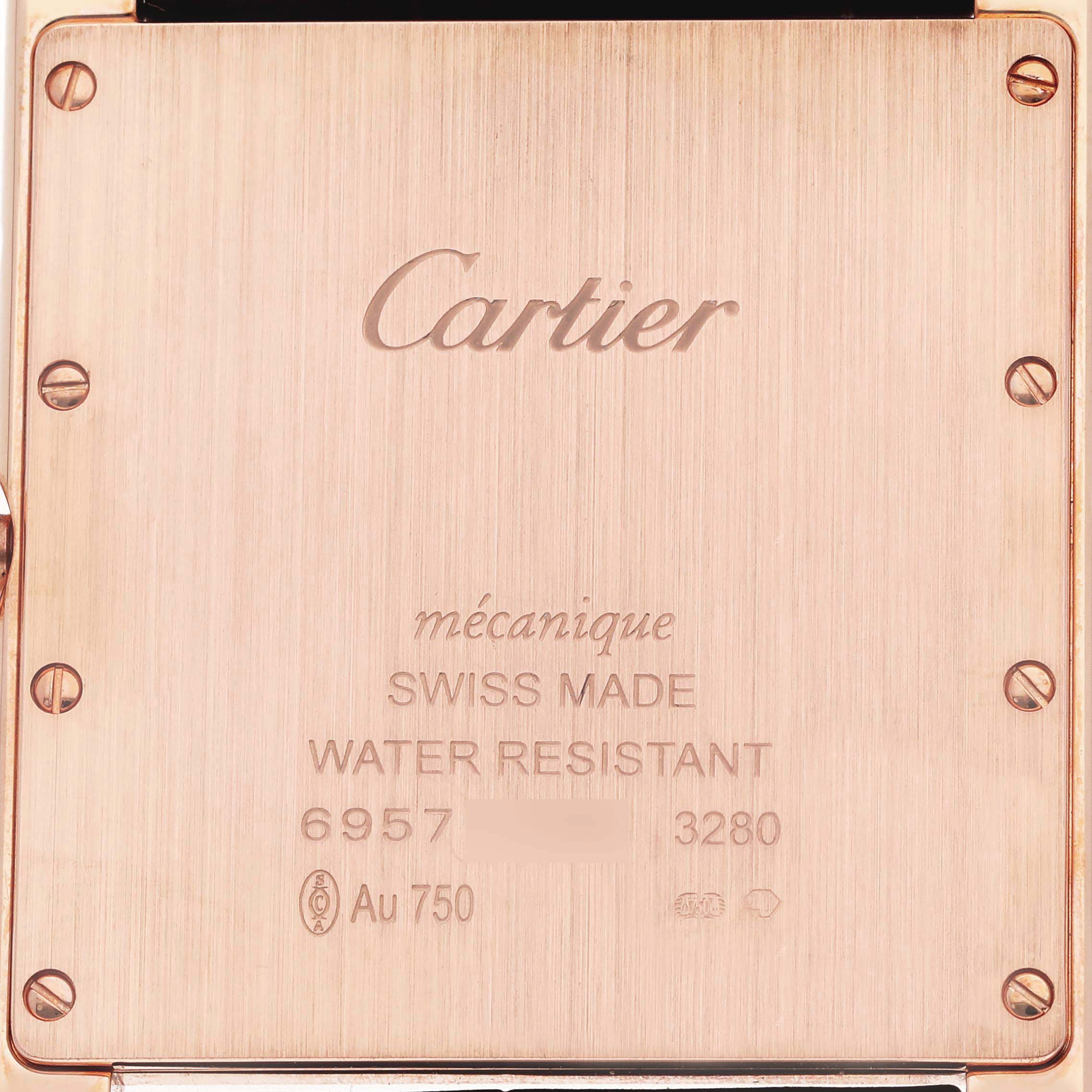 The image shows the back case of the Cartier Tank Louis W1560017 Men's Rose Gold Silver Dial W1560017 Men's Rose Gold Silver Dial watch with engraved details.