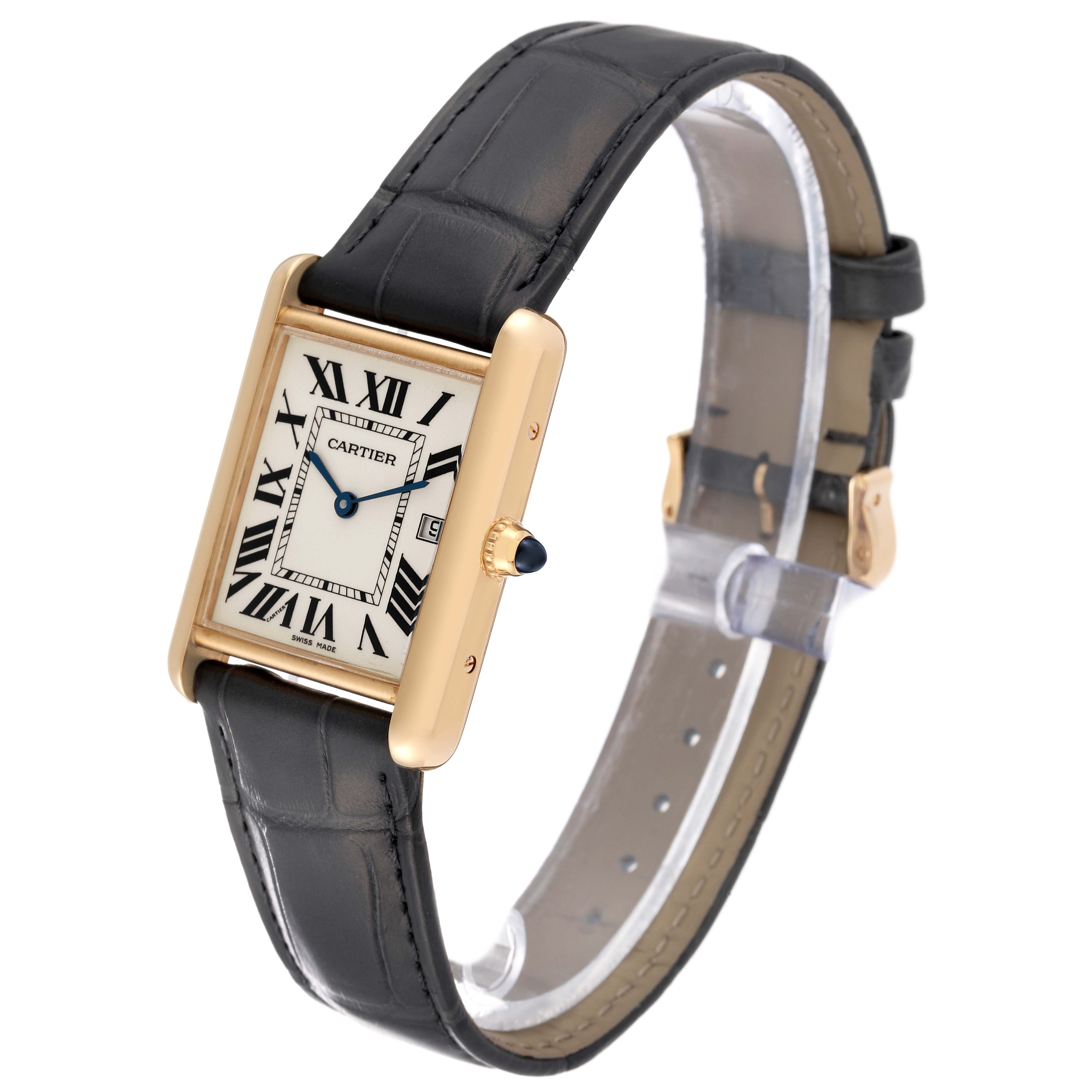This image shows a Cartier Tank Louis W1529756 Men
s Yellow Gold Silver Dial W1529756 Men
s Yellow Gold Silver Dial watch in a side angle, highlighting its face, strap, and crown.