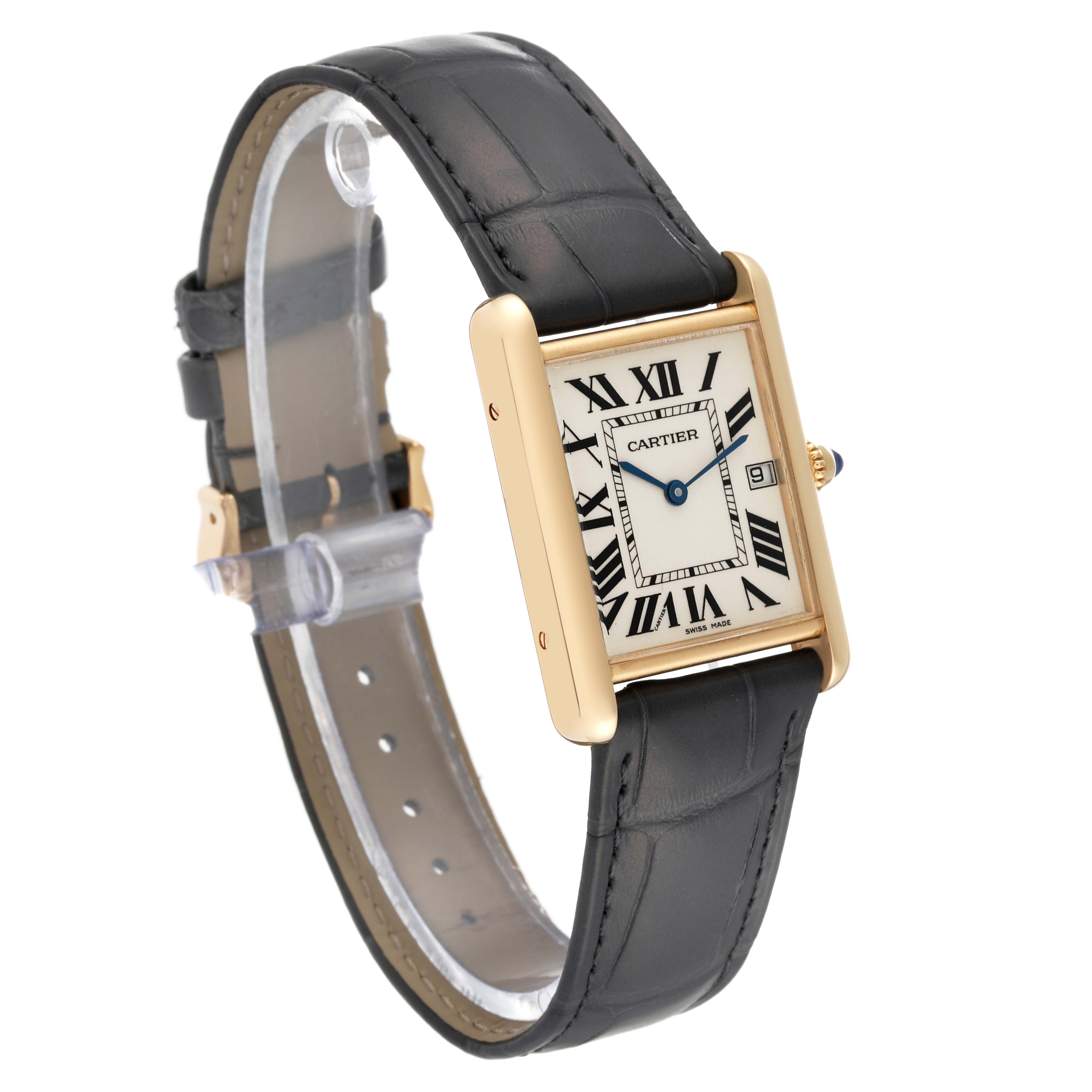 The image shows a Cartier Tank Louis W1529756 Men
s Yellow Gold Silver Dial W1529756 Men
s Yellow Gold Silver Dial watch at an angled view, displaying the face, strap, and casing.