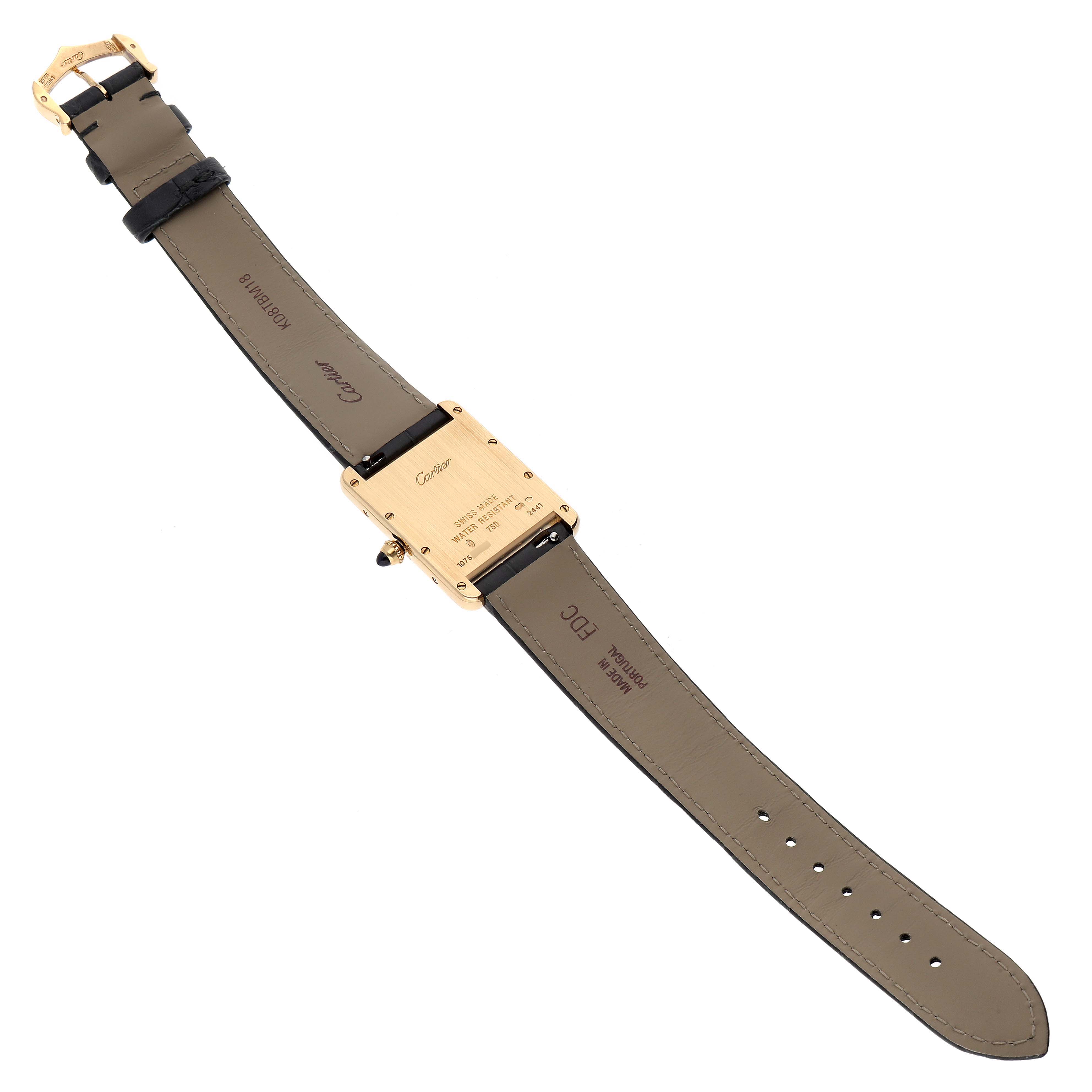 The image shows the backside of a Cartier Tank Louis W1529756 Men
s Yellow Gold Silver Dial W1529756 Men
s Yellow Gold Silver Dial model watch, displaying the case back and leather straps.