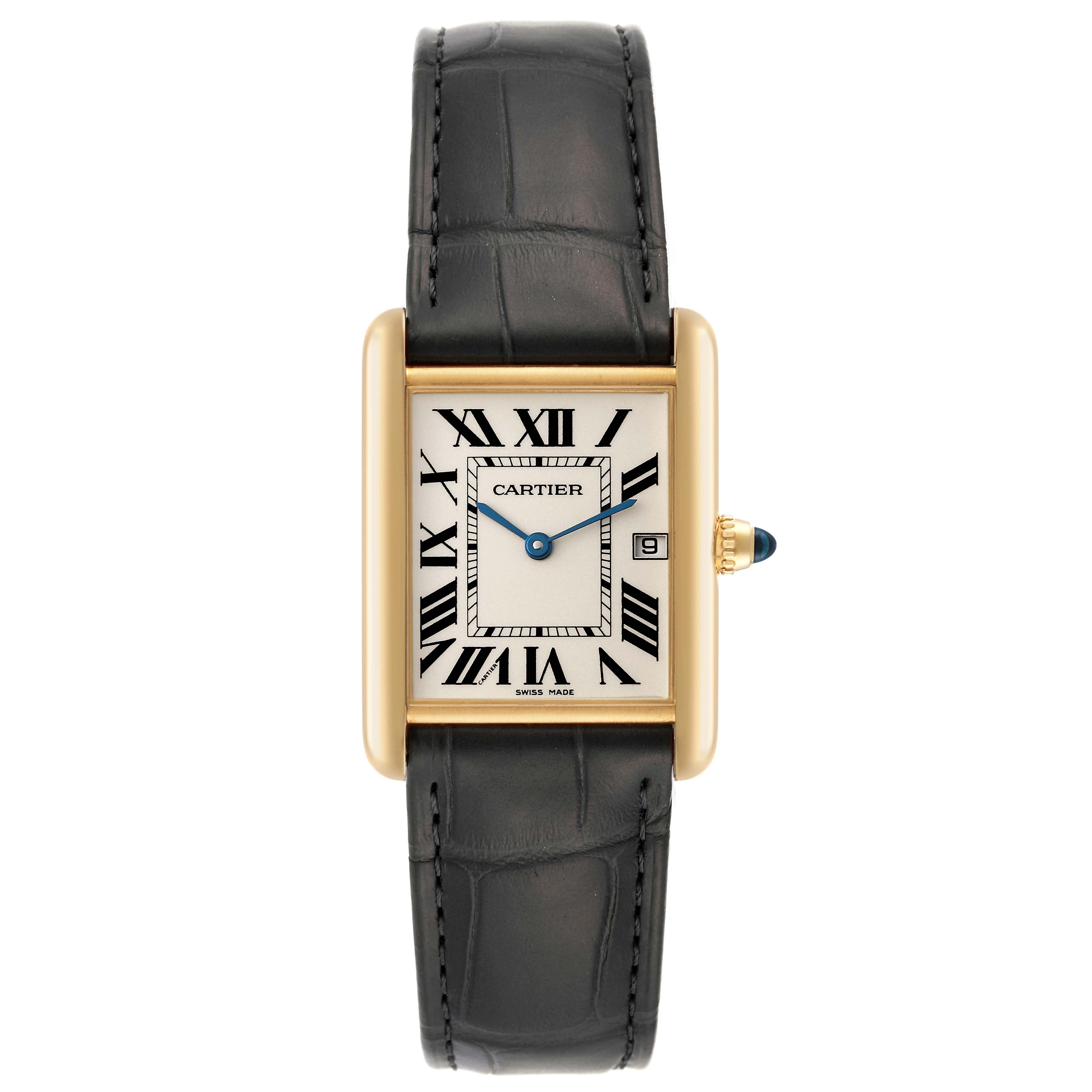 This is a front view of the Cartier Tank Louis W1529756 Men
s Yellow Gold Silver Dial W1529756 Men
s Yellow Gold Silver Dial watch displaying the black strap, rectangular face, gold case, and Roman numerals.