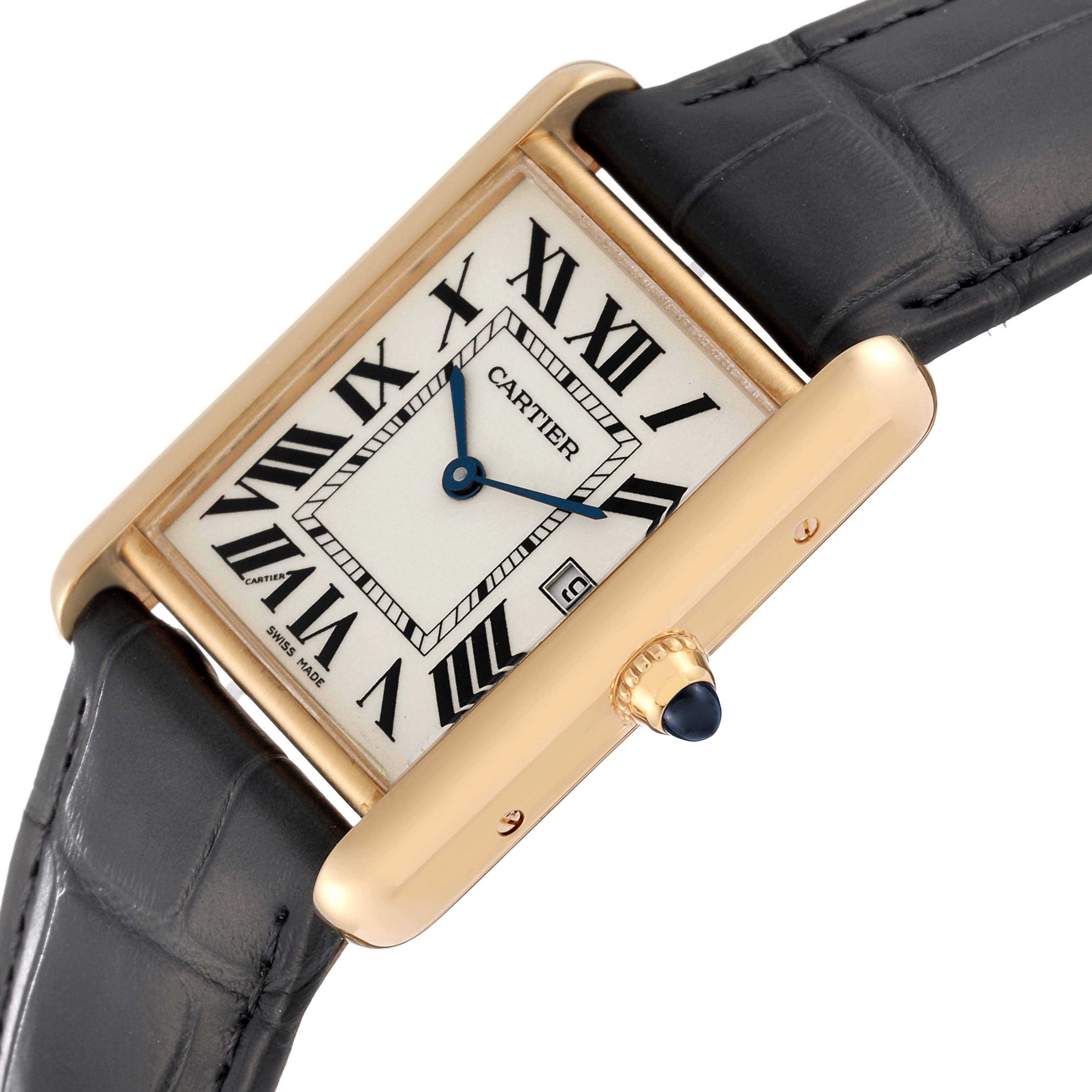 The Cartier Tank Louis W1529756 Men
s Yellow Gold Silver Dial W1529756 Men
s Yellow Gold Silver Dial watch is shown at an angle highlighting its Roman numeral dial, gold case, black strap, and blue sapphire crown.