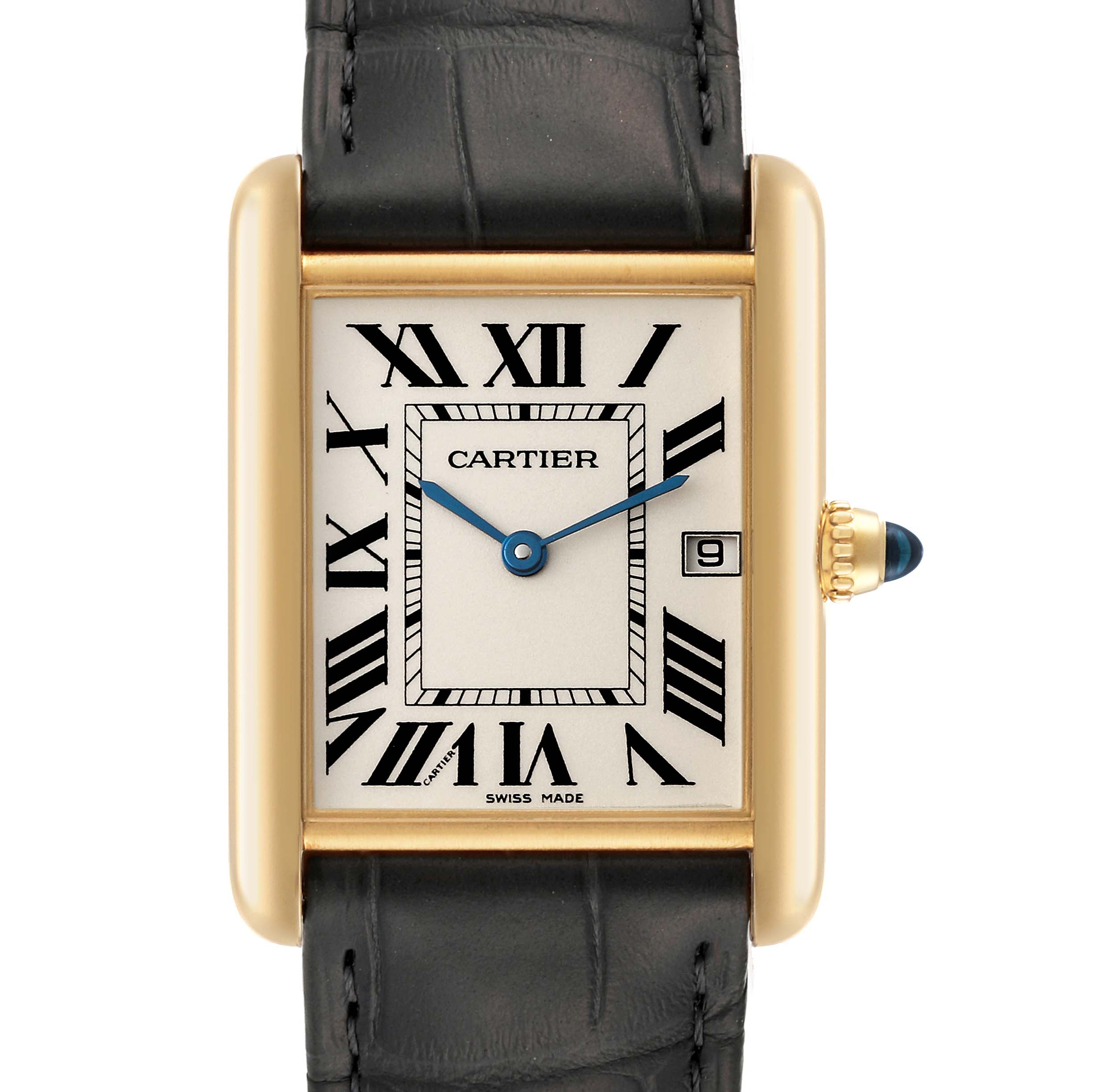 The image shows a front view of the Cartier Tank Louis W1529756 Men
s Yellow Gold Silver Dial W1529756 Men
s Yellow Gold Silver Dial watch, displaying its face, Roman numerals, and leather strap.