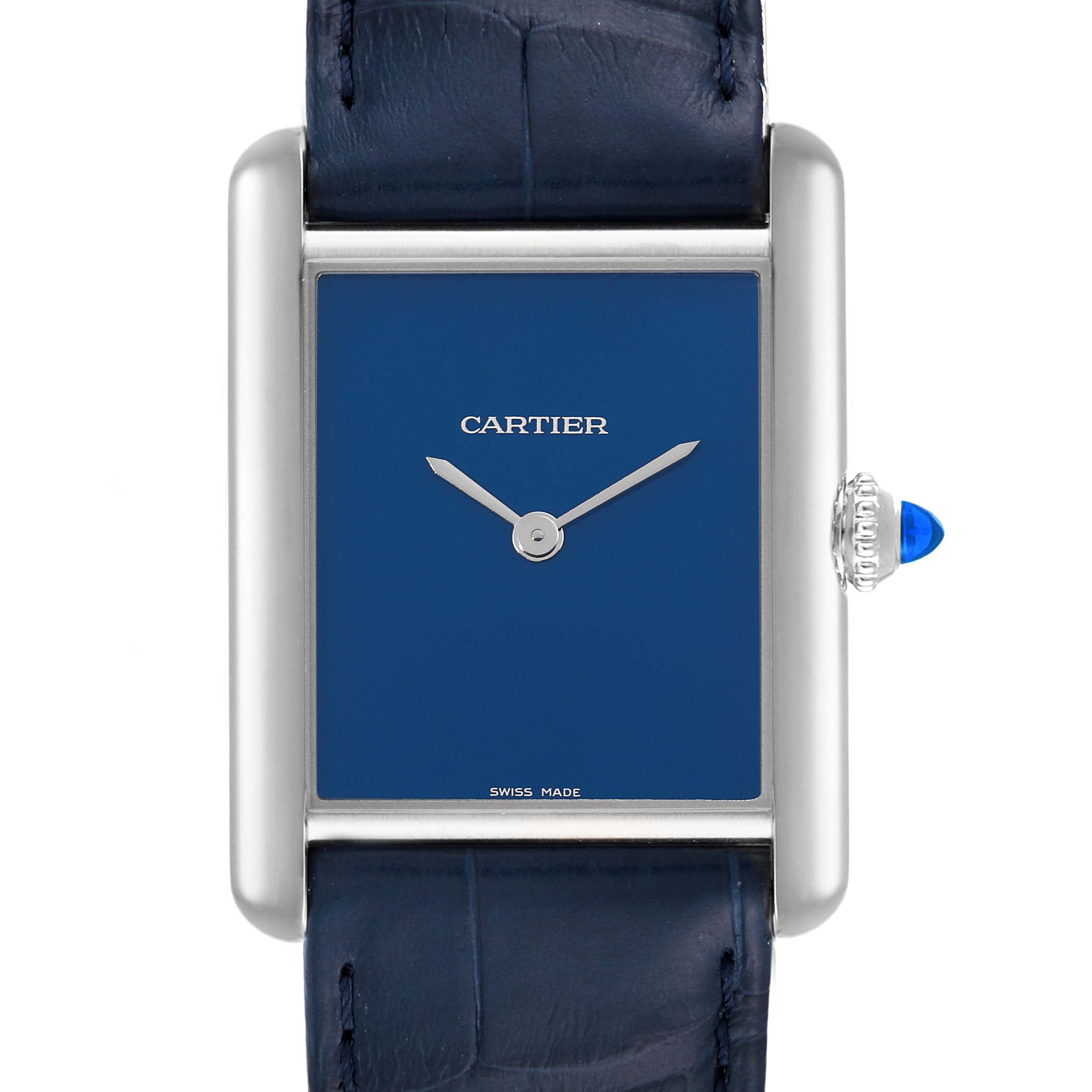 The image shows a close-up of the Cartier Tank Must WSTA0055 Women
s Stainless Steel Blue Dial WSTA0055 Women
s Stainless Steel Blue Dial watch face with a blue dial and blue leather strap.