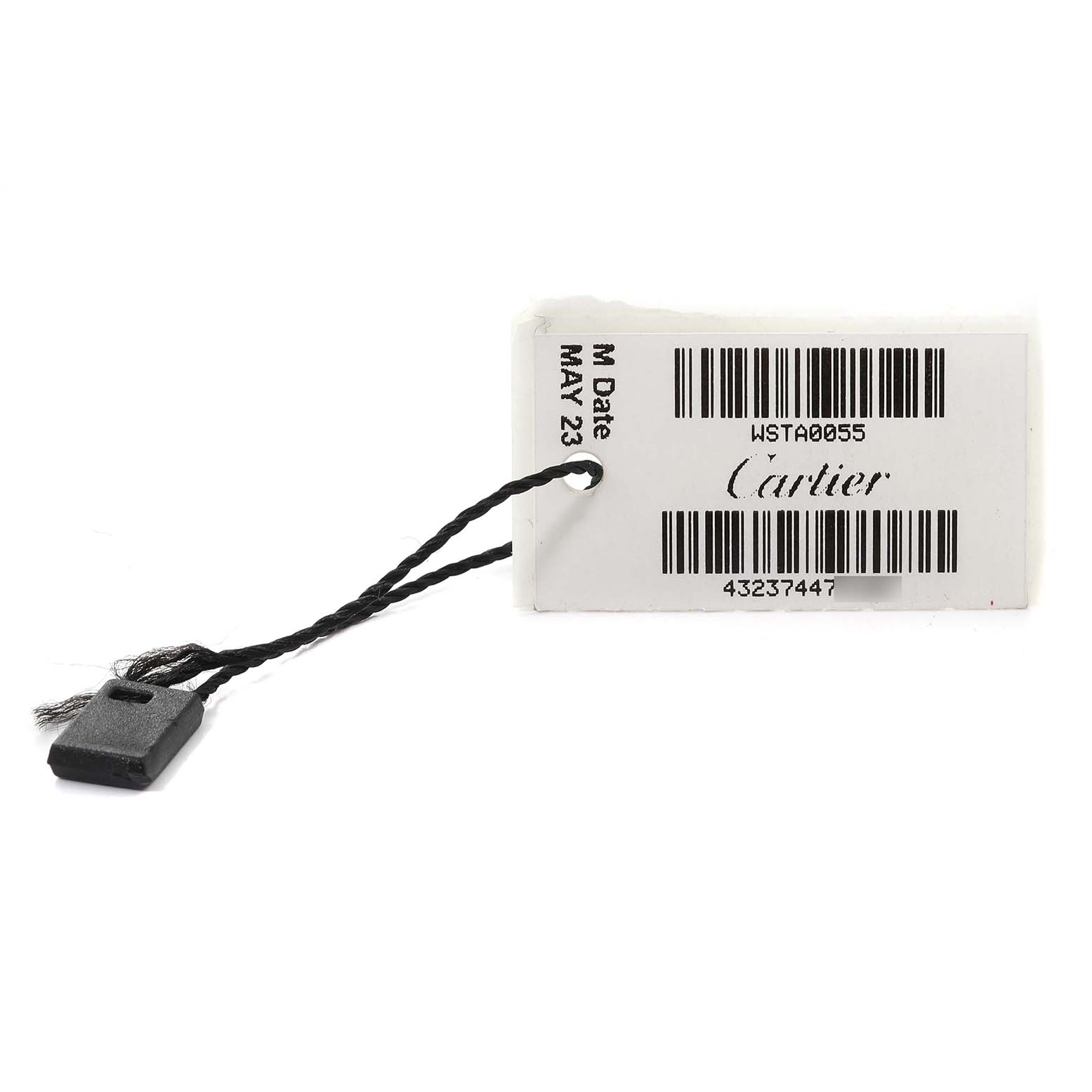 The image shows a tag for a Cartier Tank Must WSTA0055 Women
s Stainless Steel Blue Dial WSTA0055 Women
s Stainless Steel Blue Dial watch with a black string attached.