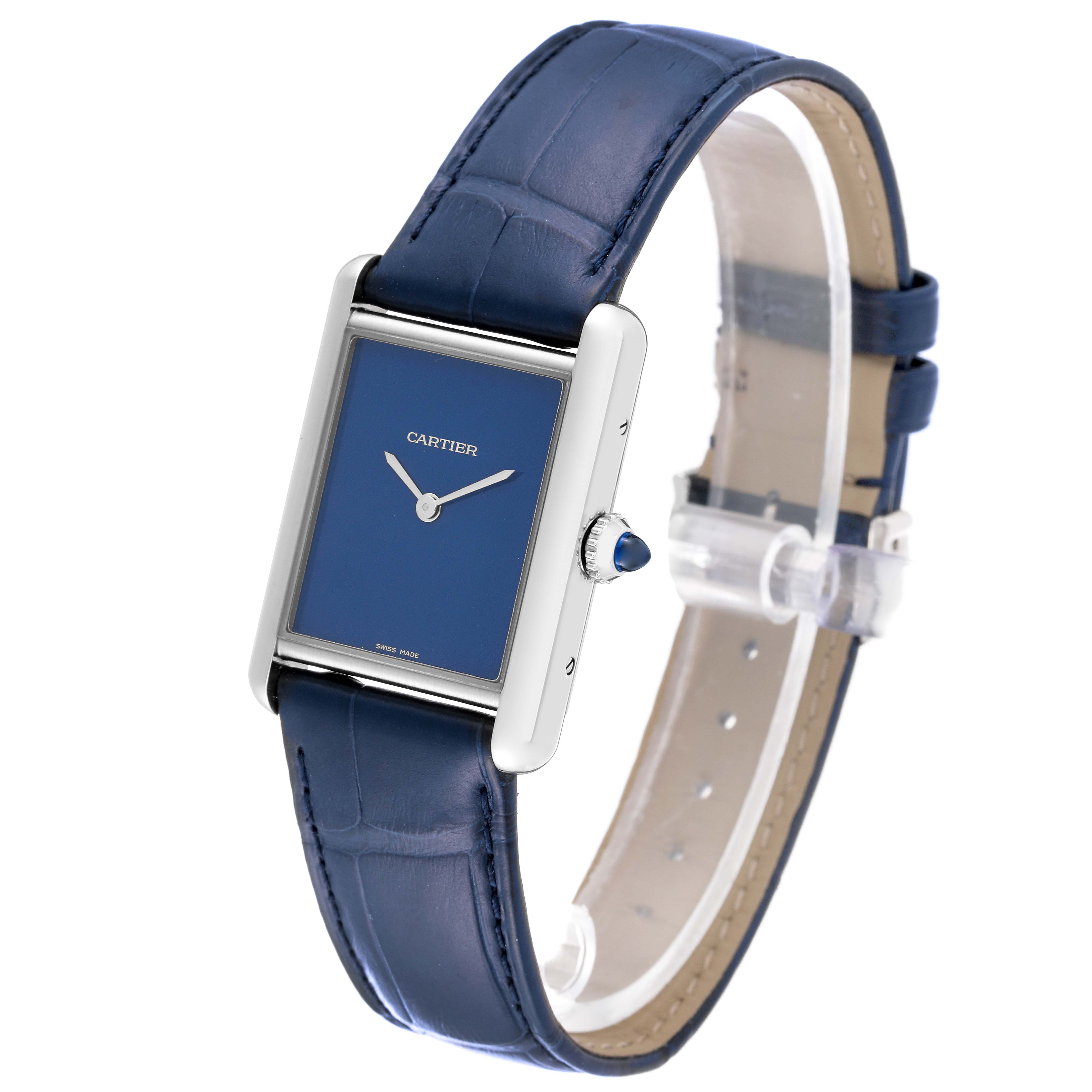 This is a Cartier Tank Must WSTA0055 Women
s Stainless Steel Blue Dial WSTA0055 Women
s Stainless Steel Blue Dial watch, shown at a slight angle displaying its face, blue leather strap, and side crown.