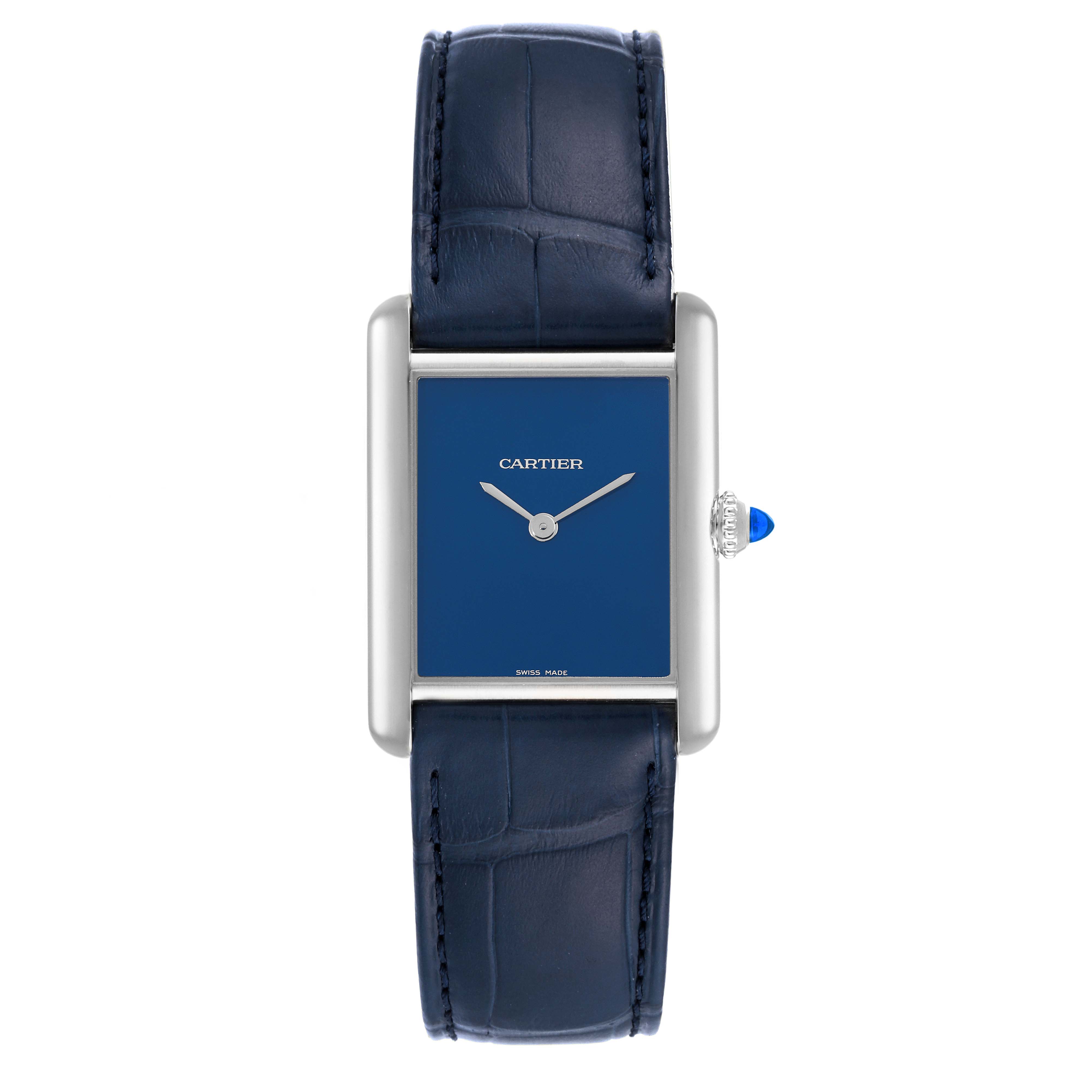 This image shows a front view of the Cartier Tank Must WSTA0055 Women
s Stainless Steel Blue Dial WSTA0055 Women
s Stainless Steel Blue Dial watch, showcasing its blue dial and blue leather strap.