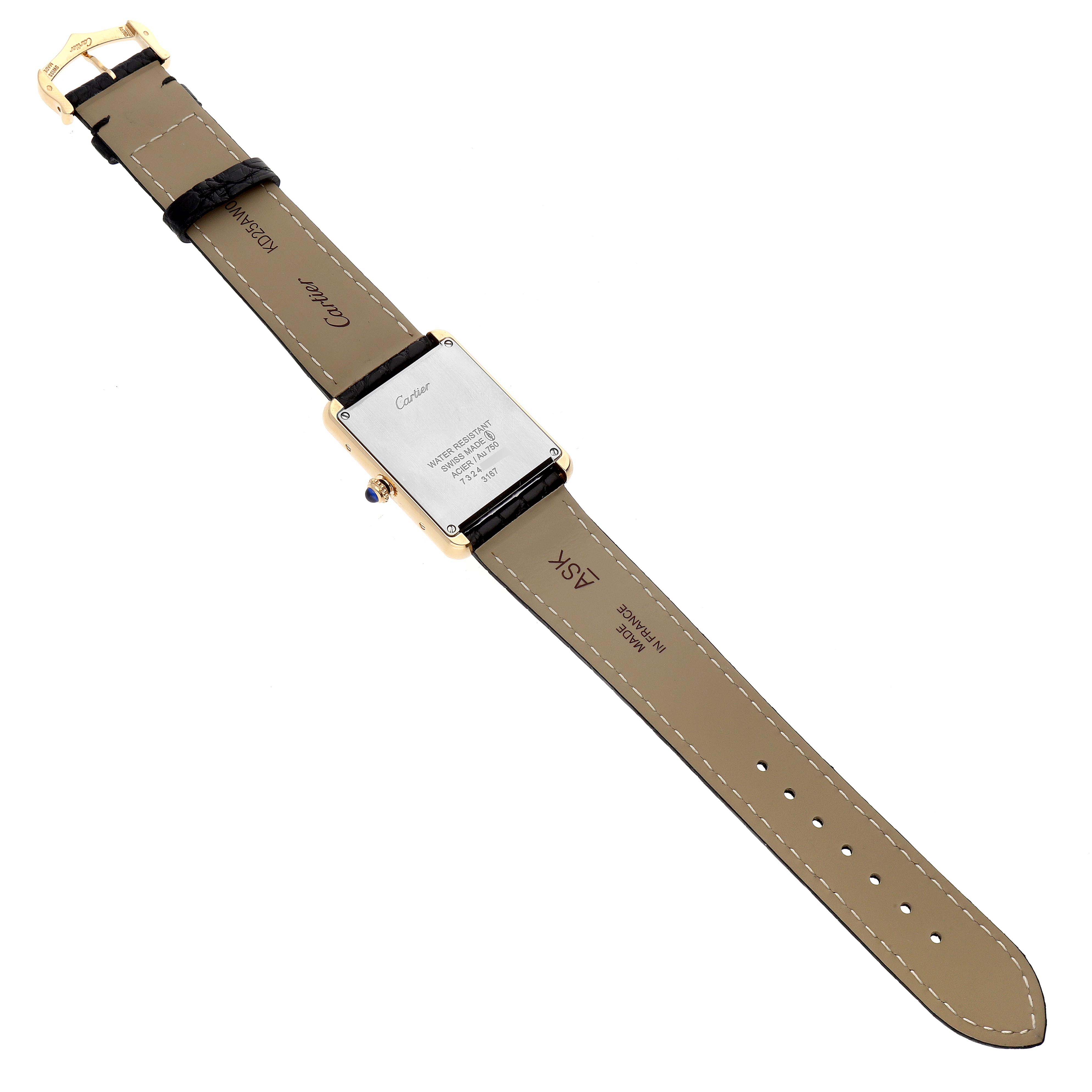 The image shows the back view of a Cartier Tank Solo W5200004 Men
s Steel and Gold (two tone) Silver Dial W5200004 Men
s Steel and Gold (two tone) Silver Dial watch, displaying the case, strap, and buckle.