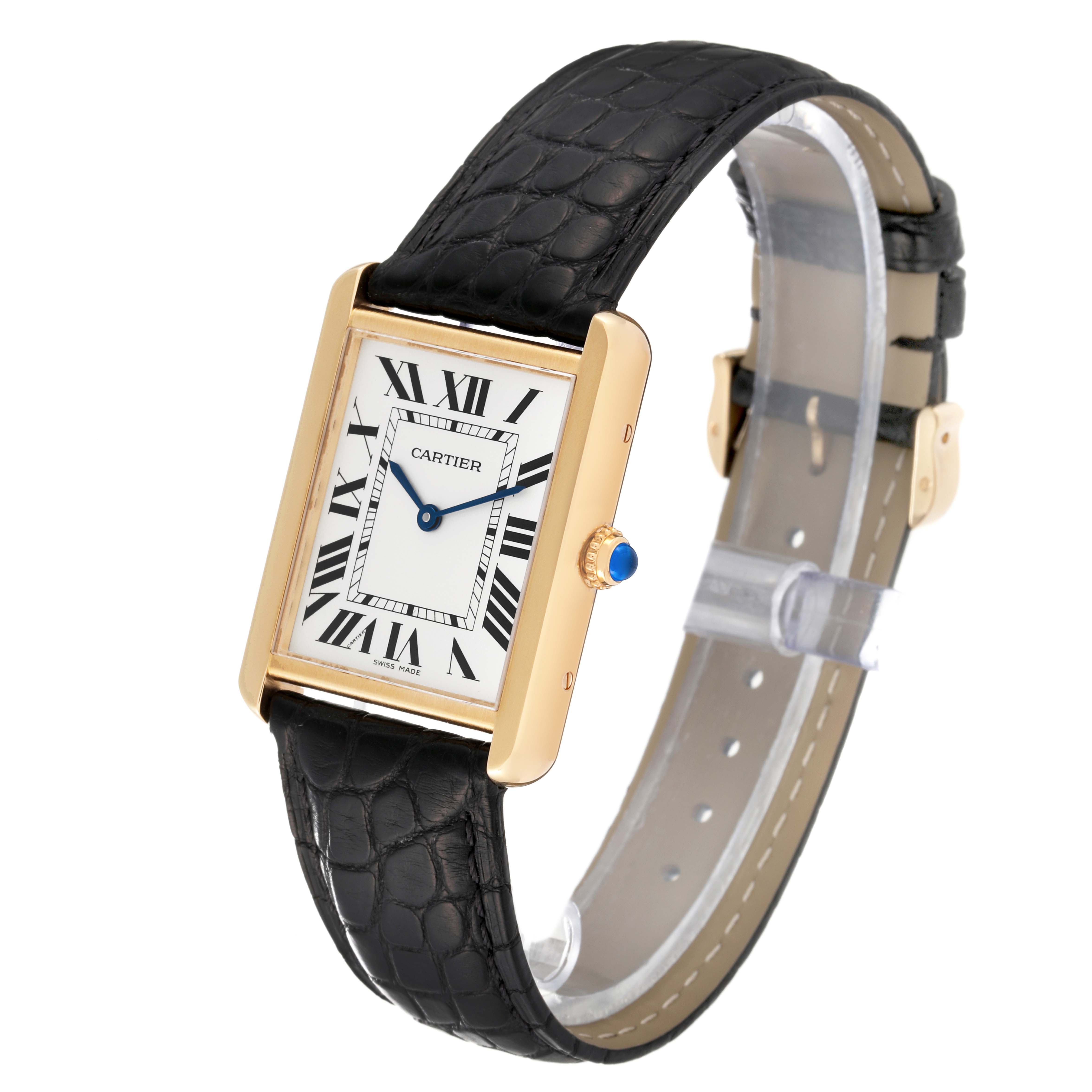 The Cartier Tank Solo W5200004 Men
s Steel and Gold (two tone) Silver Dial W5200004 Men
s Steel and Gold (two tone) Silver Dial watch is shown at an angled top-front view, highlighting its face, strap, and crown.