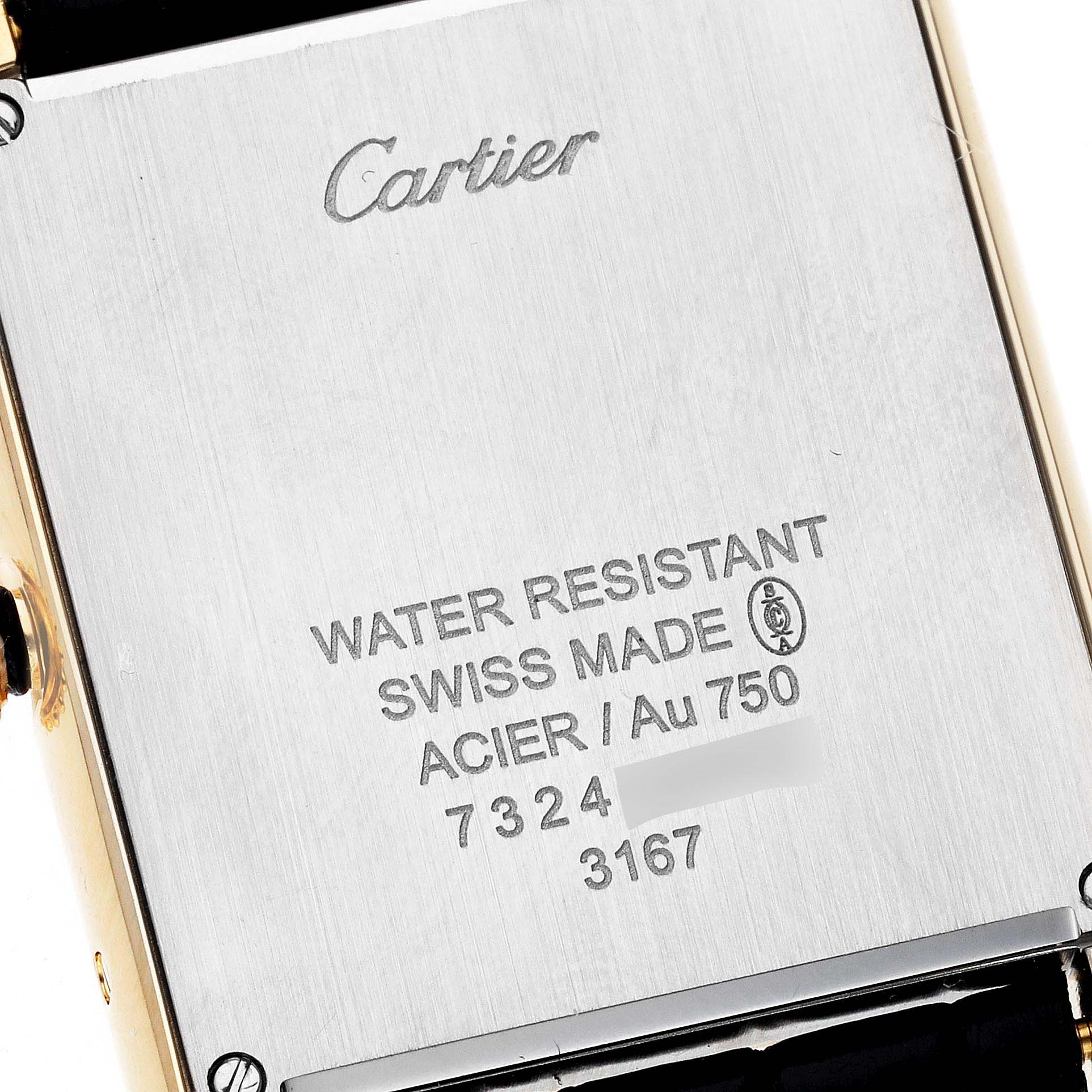 This image shows the back case of the Tank Solo model watch by Cartier from a close-up angle.