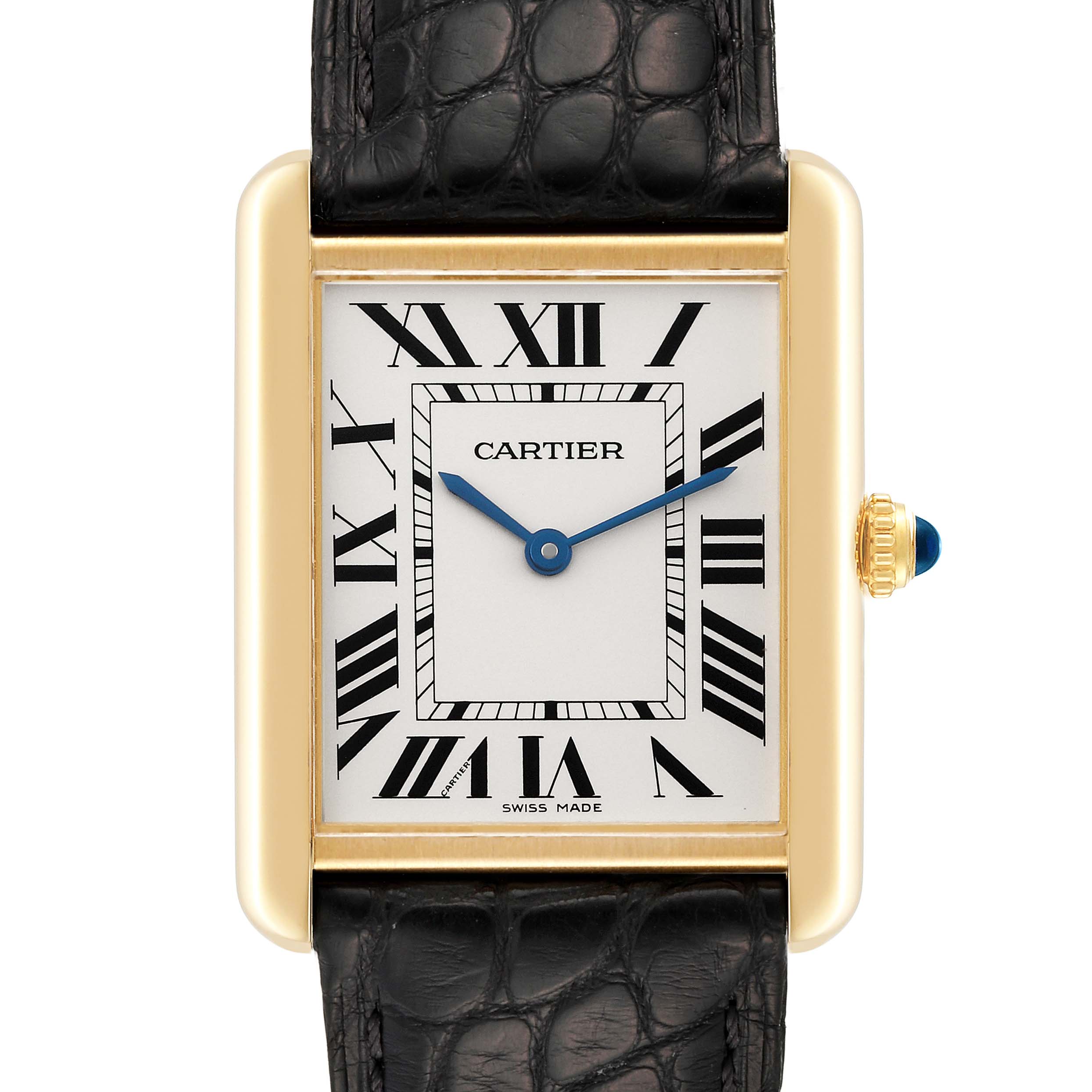 The image shows a frontal view of the Cartier Tank Solo W5200004 Men
s Steel and Gold (two tone) Silver Dial W5200004 Men
s Steel and Gold (two tone) Silver Dial watch face with a black leather strap.