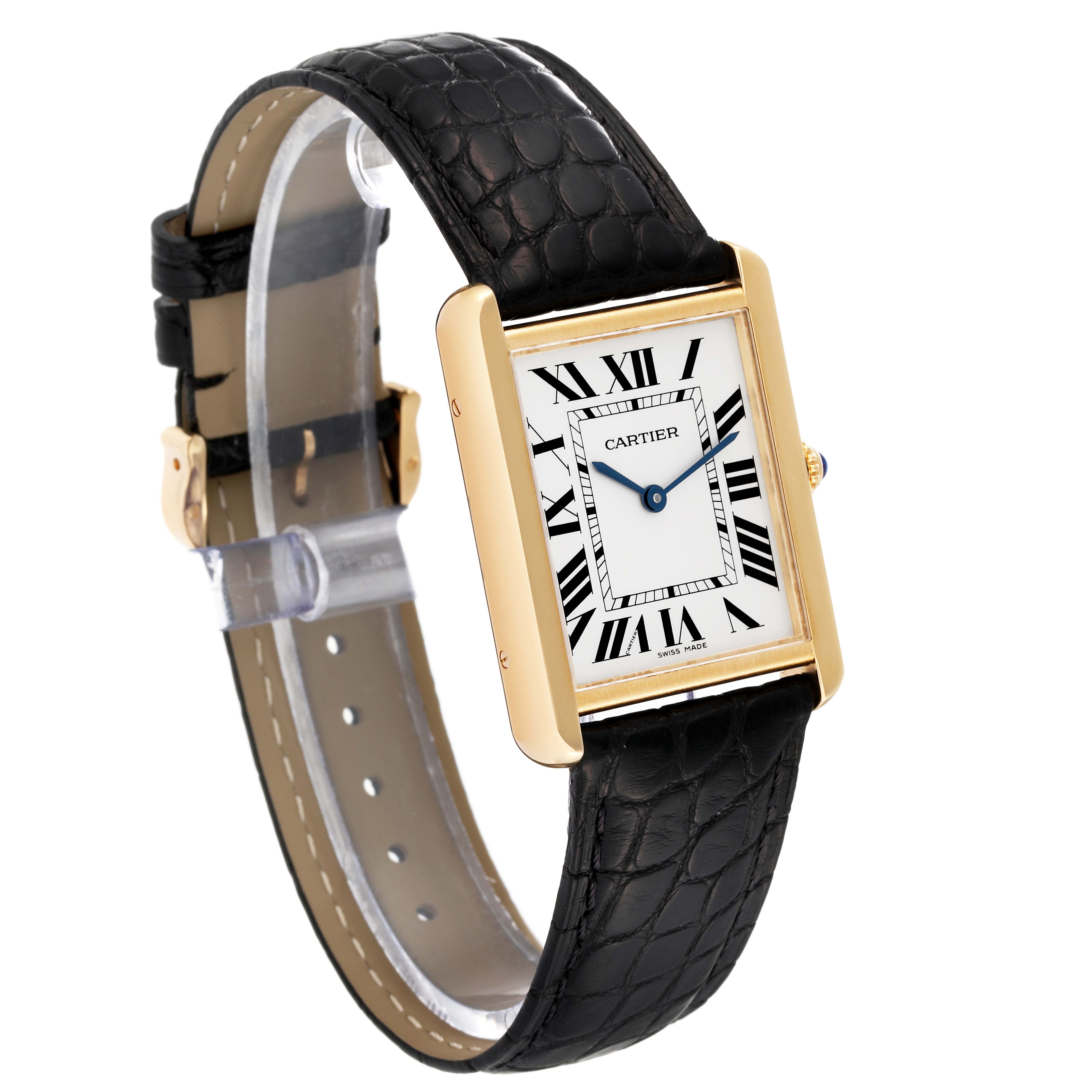 The Cartier Tank Solo W5200004 Men
s Steel and Gold (two tone) Silver Dial W5200004 Men
s Steel and Gold (two tone) Silver Dial watch is shown at a three-quarter angle, highlighting the face, strap, and side profile.