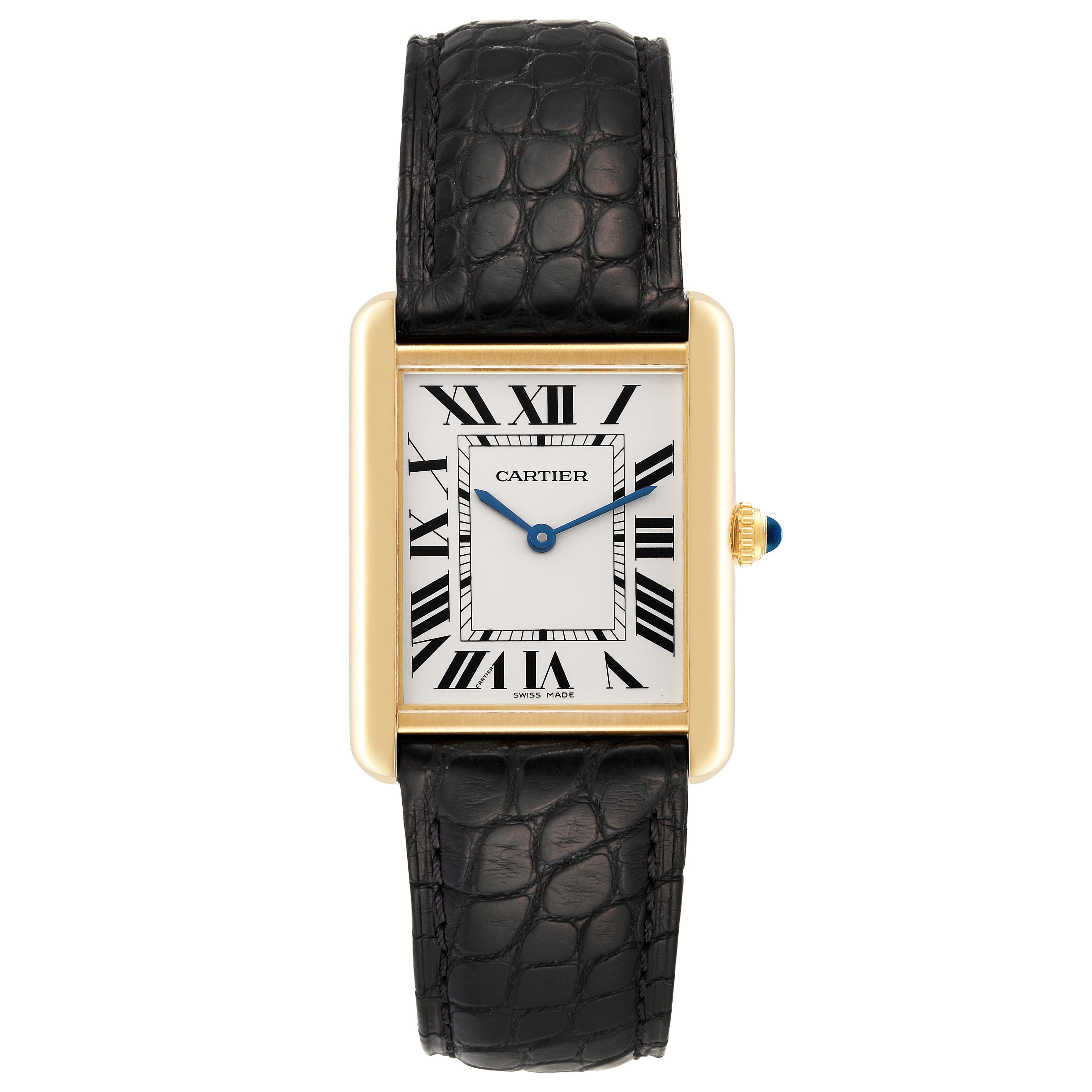 This image shows a front view of the Cartier Tank Solo W5200004 Men
s Steel and Gold (two tone) Silver Dial W5200004 Men
s Steel and Gold (two tone) Silver Dial watch, highlighting its face, case, crown, and black leather strap.