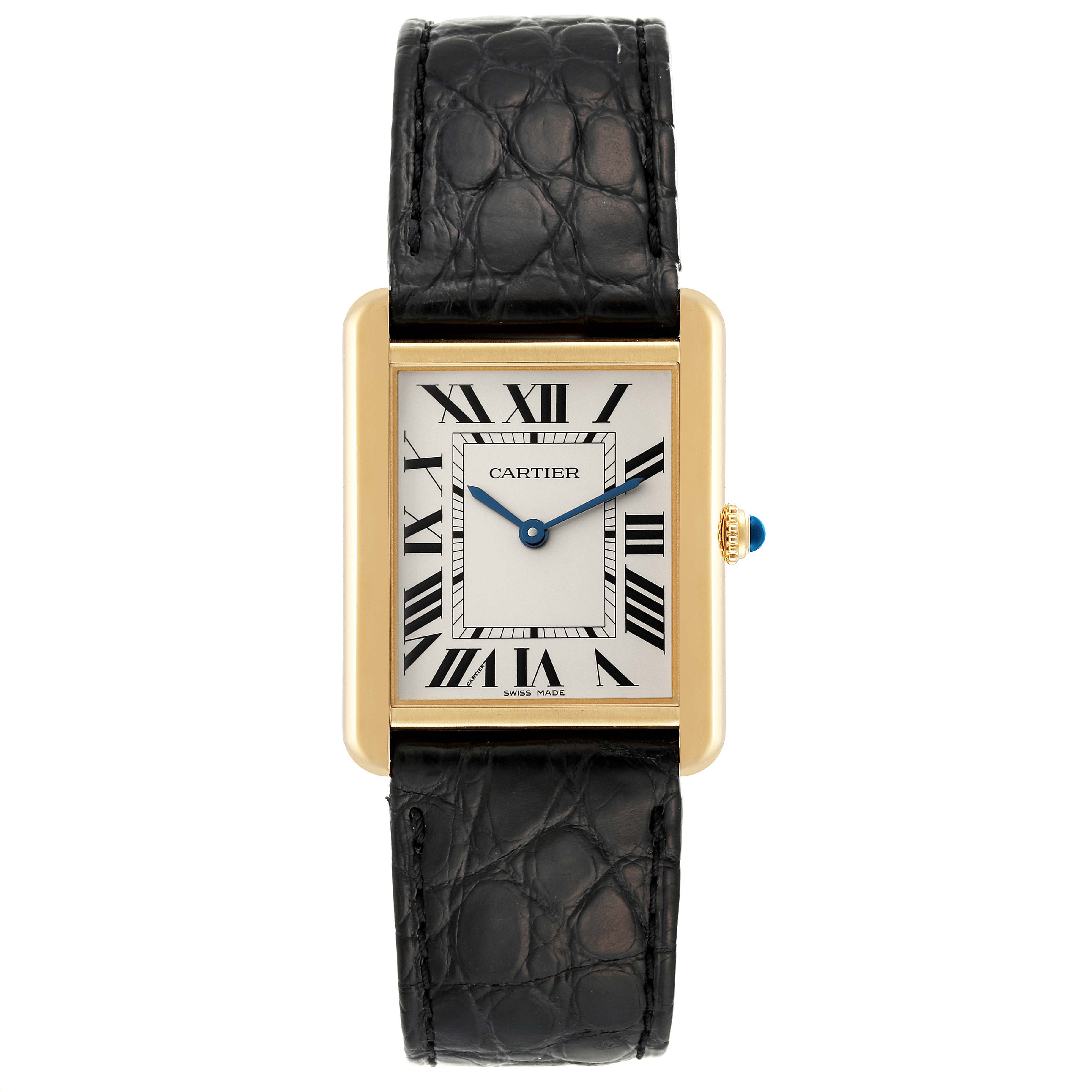 This image shows a Cartier Tank Solo W5200004 Men
s Steel and Gold (two tone) Silver Dial W5200004 Men
s Steel and Gold (two tone) Silver Dial watch from a straight-on angle, displaying its face, roman numerals, and black leather strap.