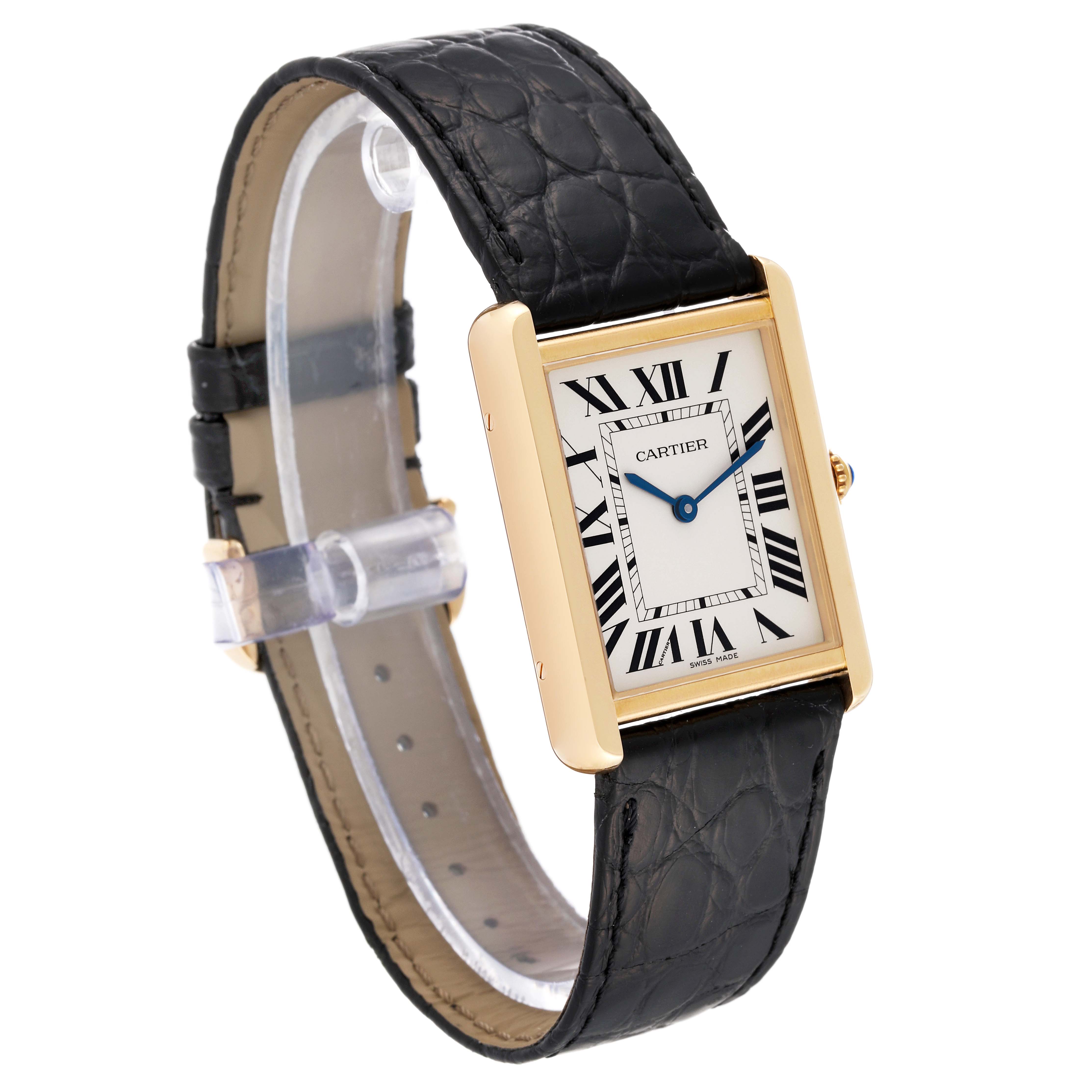 The image shows a Cartier Tank Solo W5200004 Men
s Steel and Gold (two tone) Silver Dial W5200004 Men
s Steel and Gold (two tone) Silver Dial watch at a slight angle, highlighting its rectangular face, Roman numerals, and leather strap.