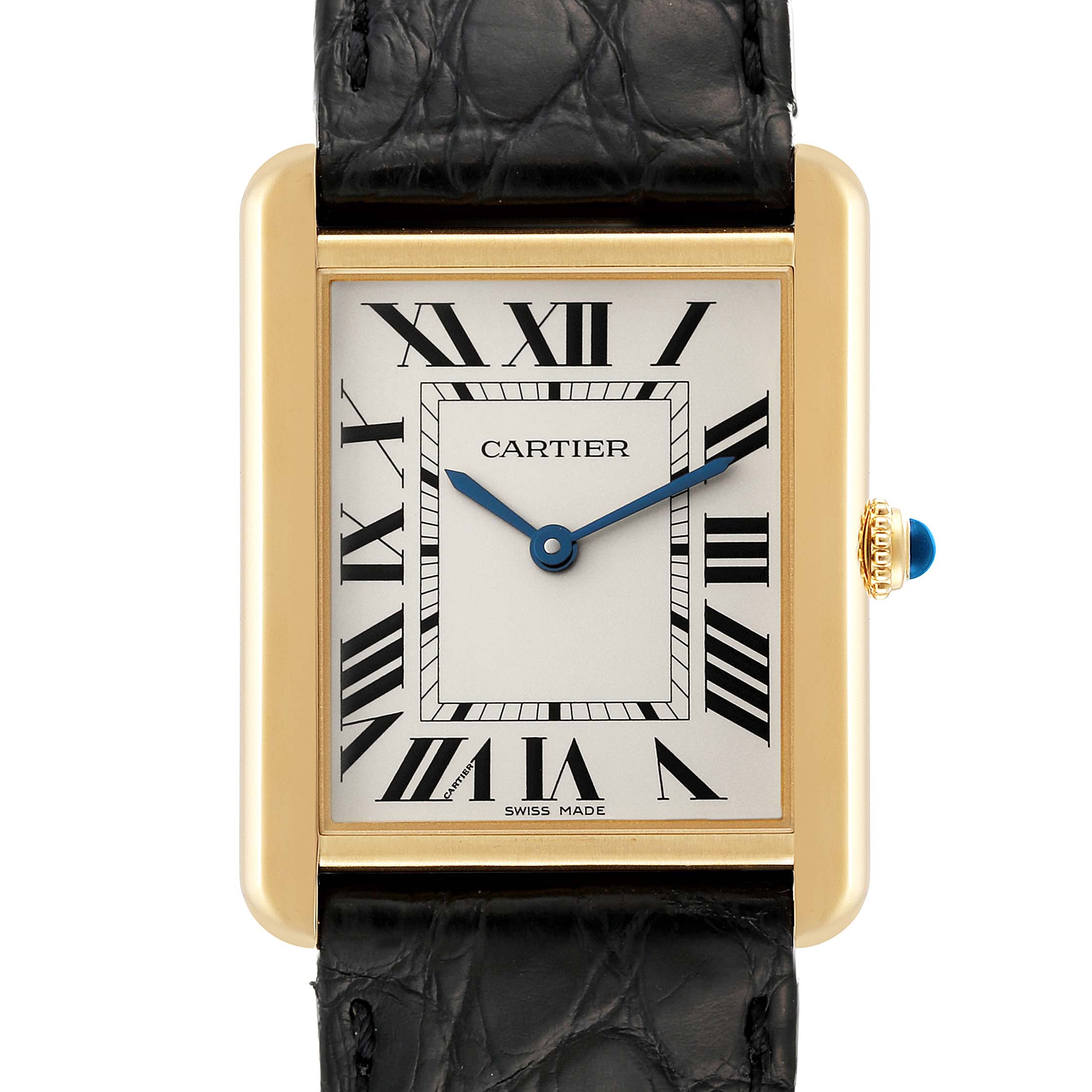 This image shows the front view of the Cartier Tank Solo W5200004 Men
s Steel and Gold (two tone) Silver Dial W5200004 Men
s Steel and Gold (two tone) Silver Dial watch, highlighting the dial, Roman numerals, casing, and part of the black leather strap.