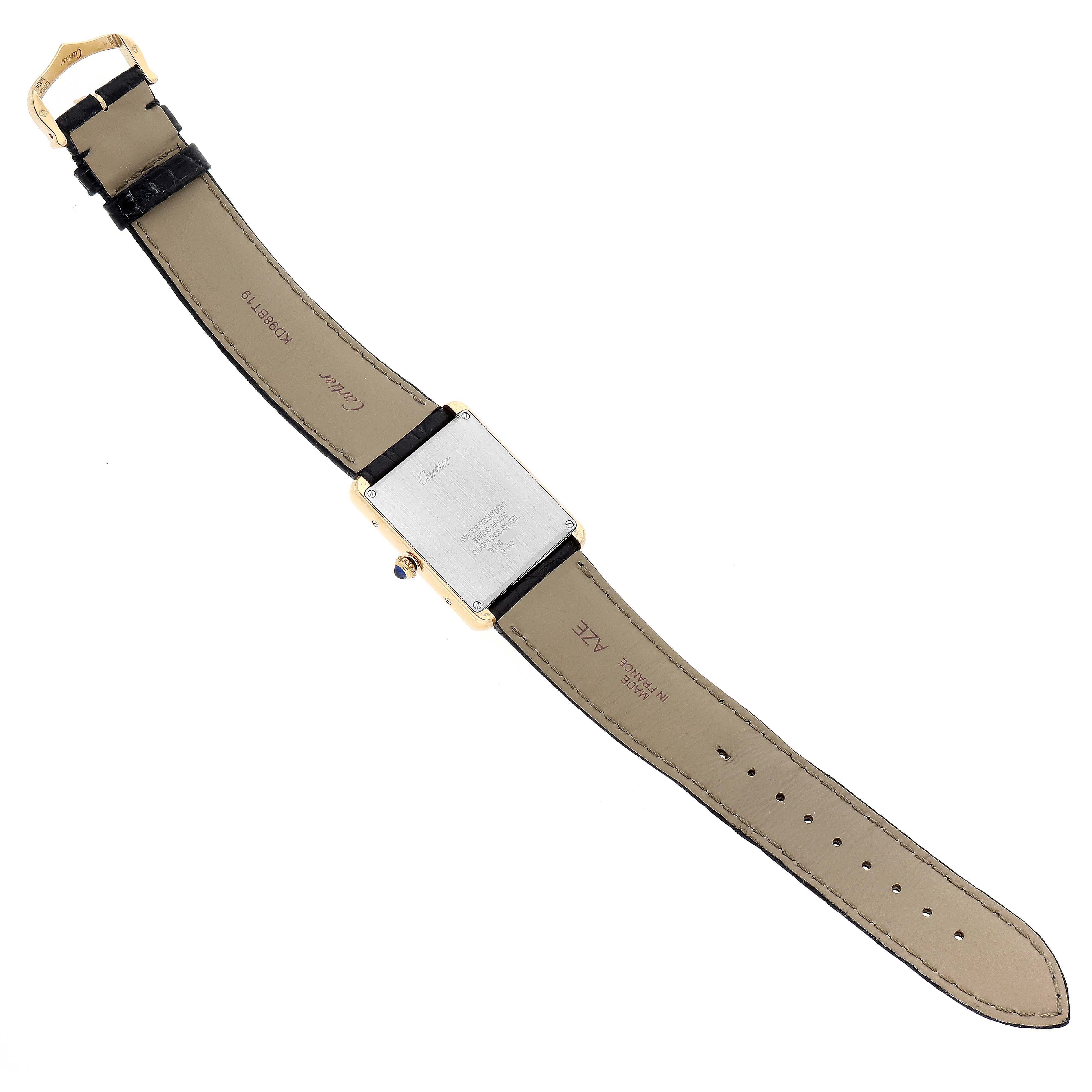 This image shows the back view of a Cartier Tank Solo W5200004 Men
s Steel and Gold (two tone) Silver Dial W5200004 Men
s Steel and Gold (two tone) Silver Dial watch, highlighting its strap and case back.