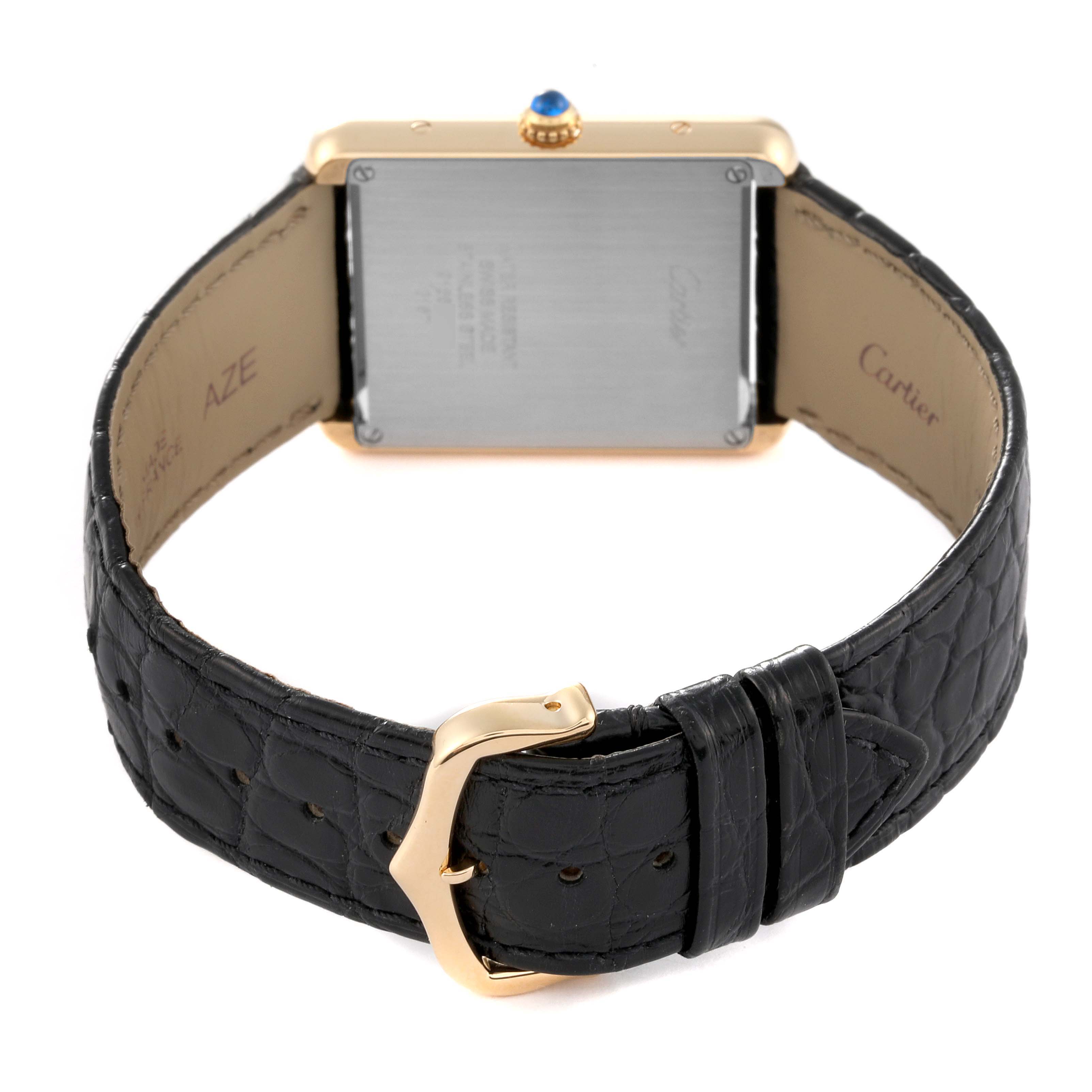 The image shows the back view of a Cartier Tank Solo W5200004 Men
s Steel and Gold (two tone) Silver Dial W5200004 Men
s Steel and Gold (two tone) Silver Dial watch, highlighting its case, strap, and buckle.