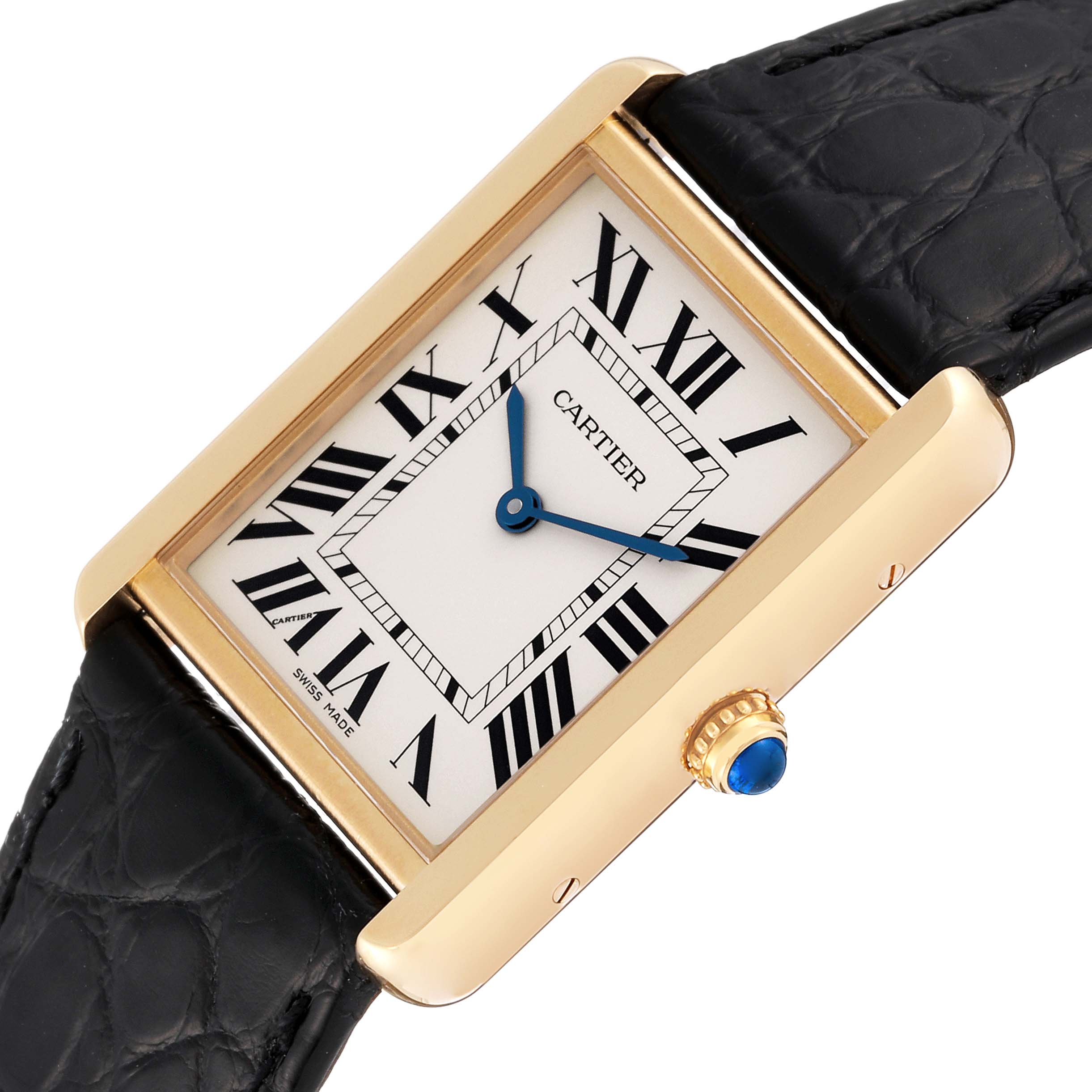 This image shows a Cartier Tank Solo W5200004 Men
s Steel and Gold (two tone) Silver Dial W5200004 Men
s Steel and Gold (two tone) Silver Dial watch, featuring a rectangular gold case, Roman numeral dial, blue hands, and black leather strap.