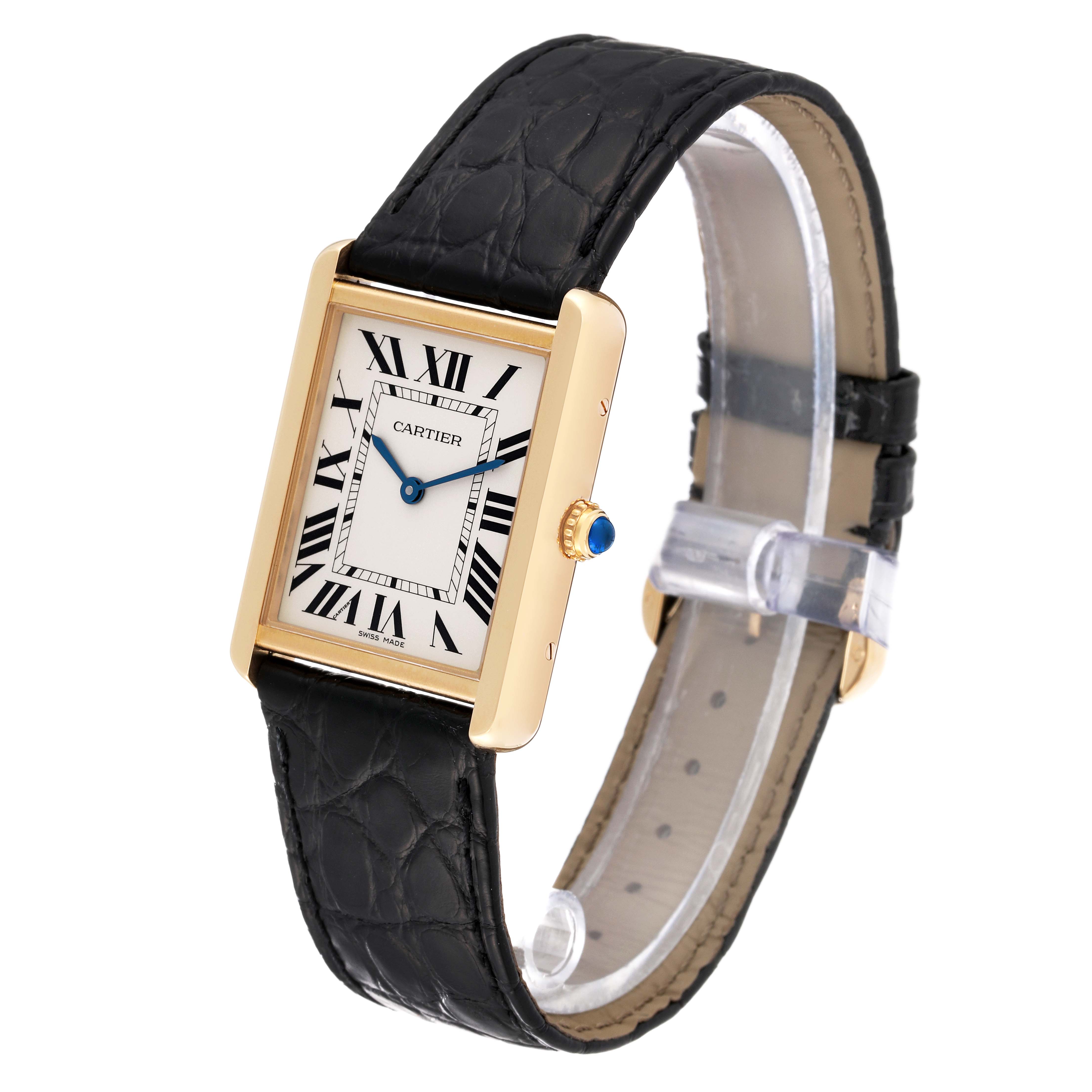 The image shows a Cartier Tank Solo W5200004 Men
s Steel and Gold (two tone) Silver Dial W5200004 Men
s Steel and Gold (two tone) Silver Dial watch at a slight angle, displaying its face, crown, and leather strap.