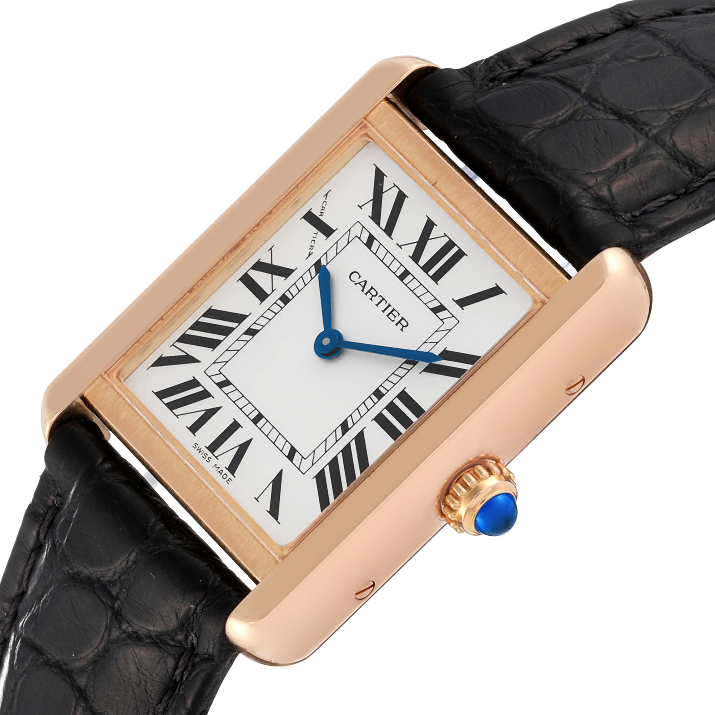 This Tank Solo by Cartier is shown at an angle highlighting the dial, crown with blue cabochon, and black leather strap.
