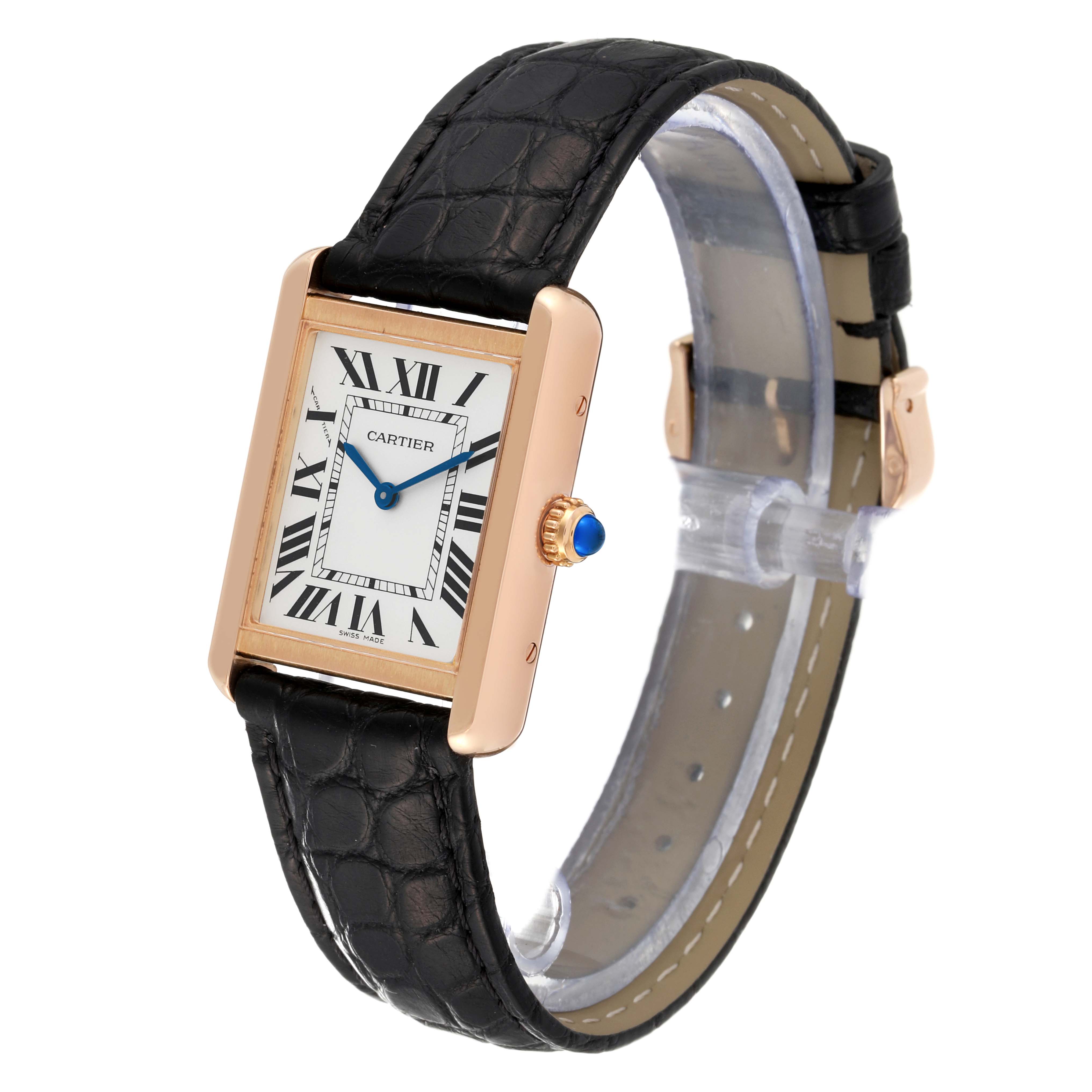 The image shows a Cartier Tank Solo W5200024 Women
s Steel and Gold (two tone) Silver Dial W5200024 Women
s Steel and Gold (two tone) Silver Dial watch at a slight angle highlighting its face, strap, and side crown.