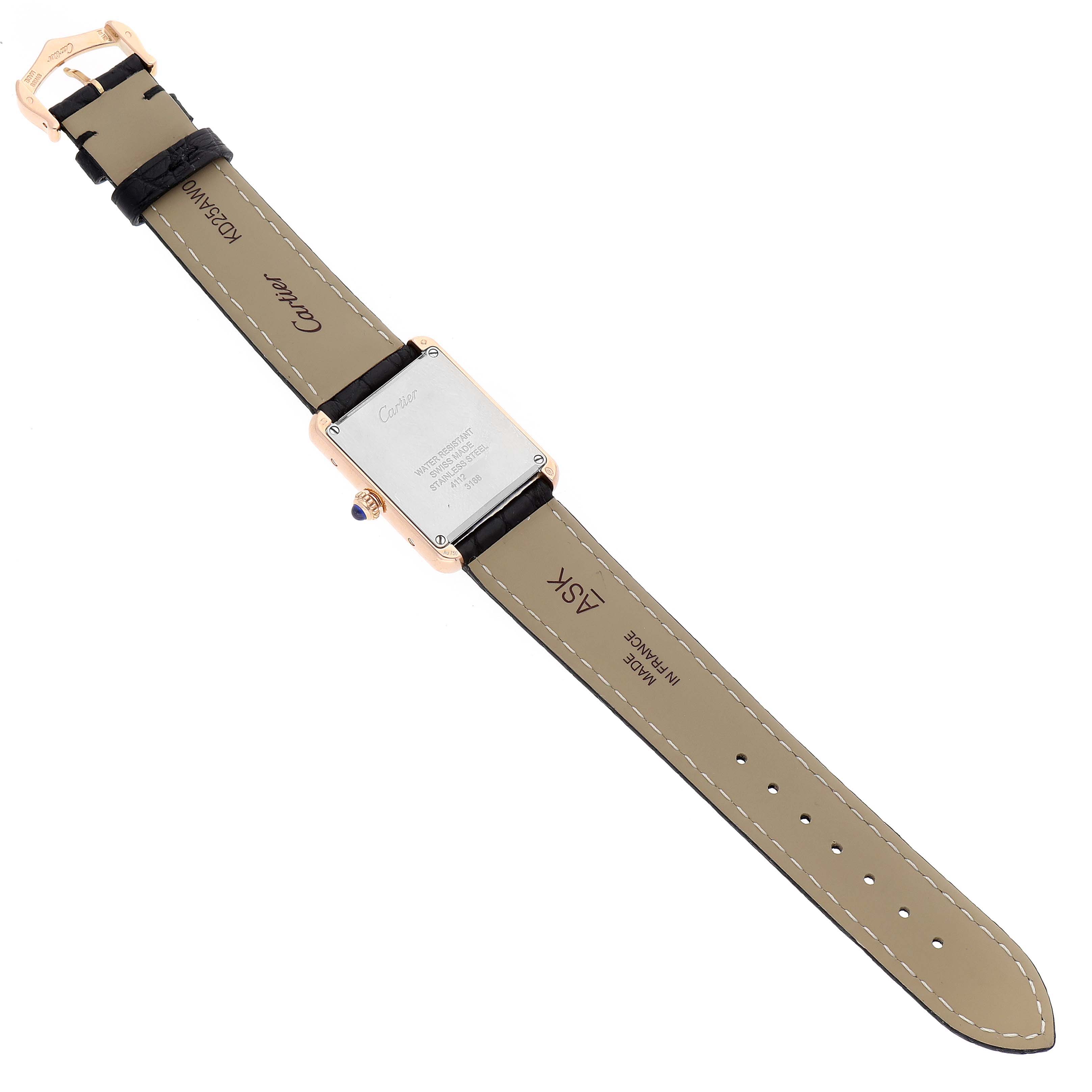 The image shows the Tank Solo model by Cartier from the back, displaying its case back, straps, and buckle.