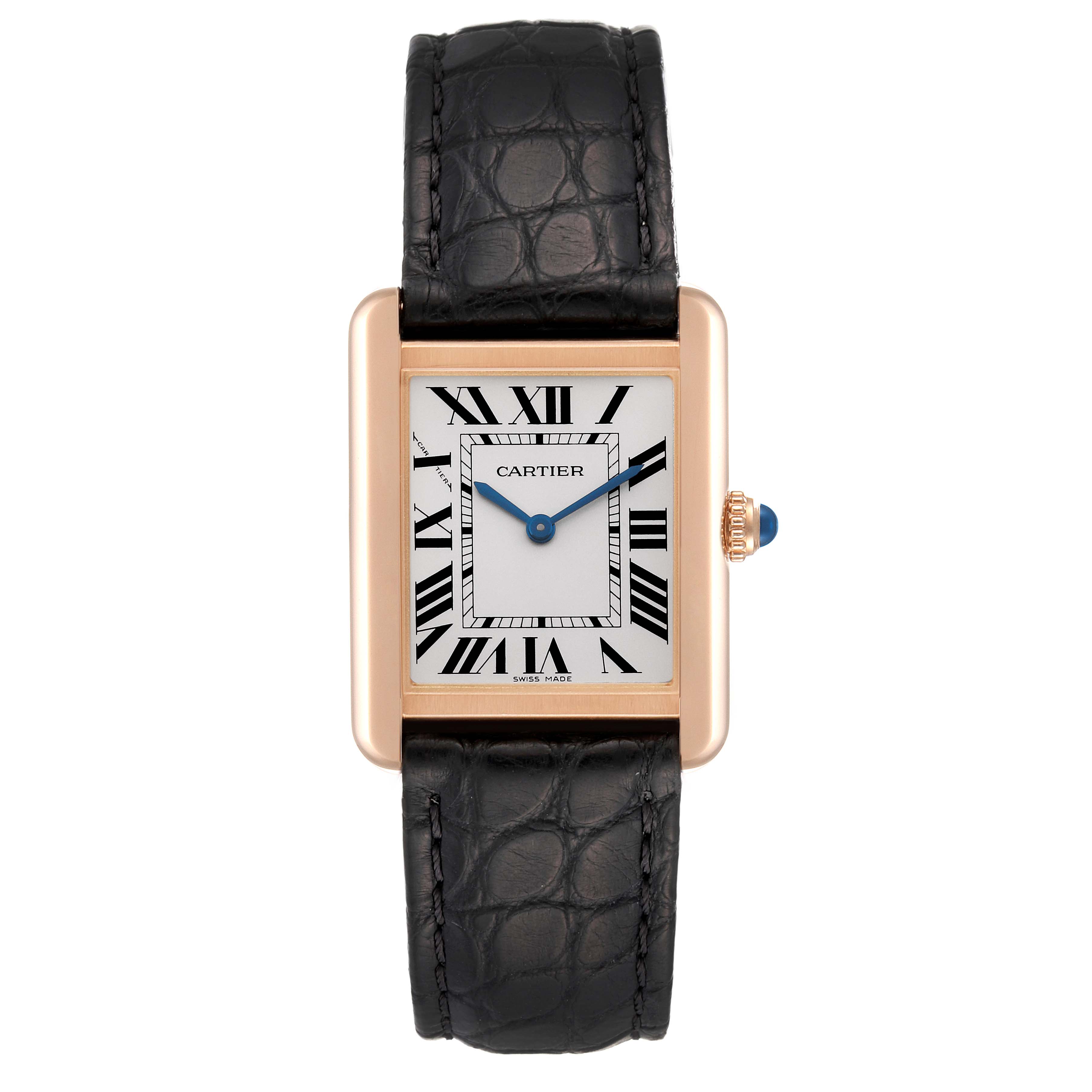 The image shows a frontal view of the Cartier Tank Solo W5200024 Women
s Steel and Gold (two tone) Silver Dial W5200024 Women
s Steel and Gold (two tone) Silver Dial watch, displaying the face, hands, and leather strap.