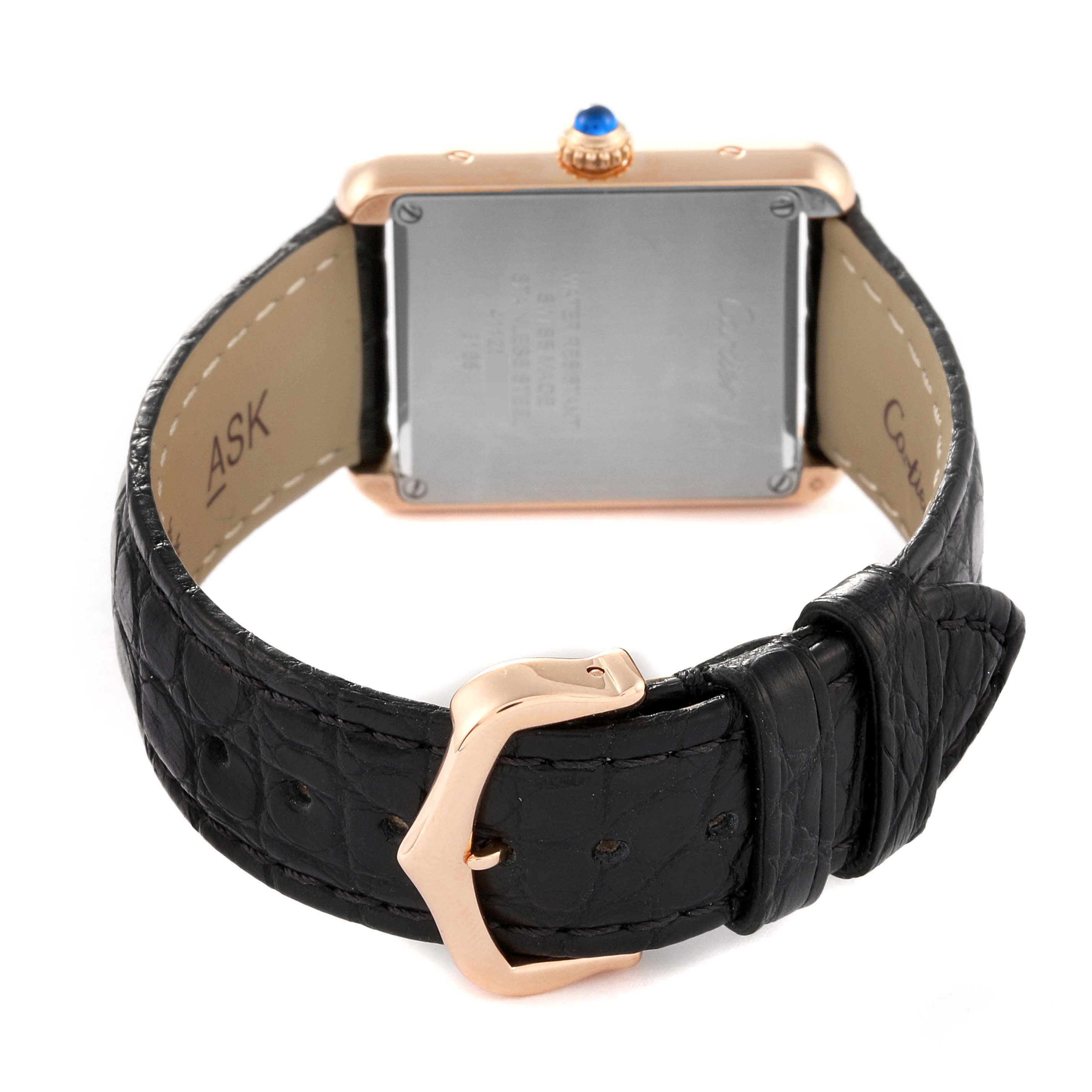 This is a rear view of the Cartier Tank Solo W5200024 Women
s Steel and Gold (two tone) Silver Dial W5200024 Women
s Steel and Gold (two tone) Silver Dial watch, showcasing the back of the case and the black leather strap with a gold-tone buckle.