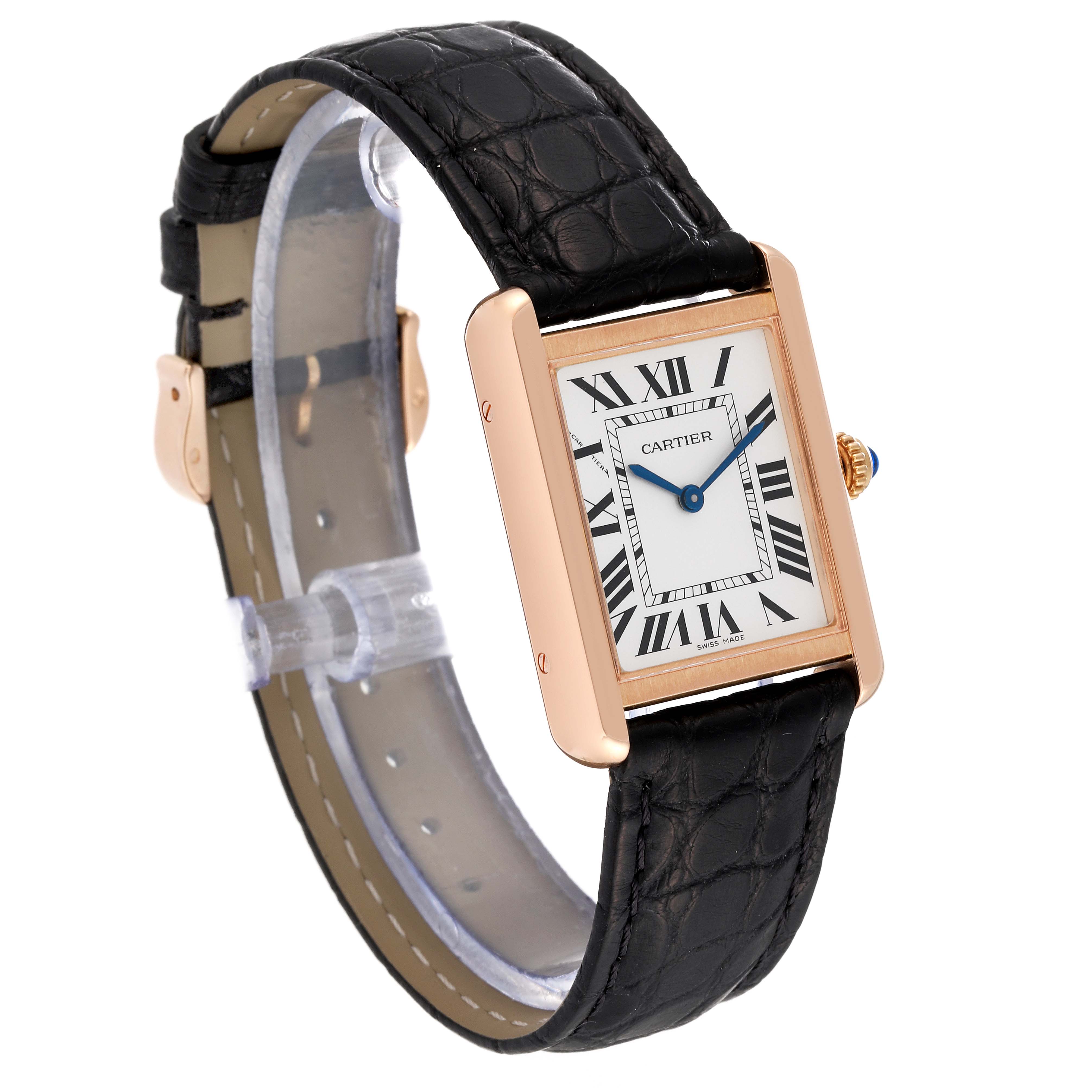 The image shows a Cartier Tank Solo W5200024 Women
s Steel and Gold (two tone) Silver Dial W5200024 Women
s Steel and Gold (two tone) Silver Dial watch at a slight angle, highlighting its rectangular face, Roman numerals, and black leather strap.