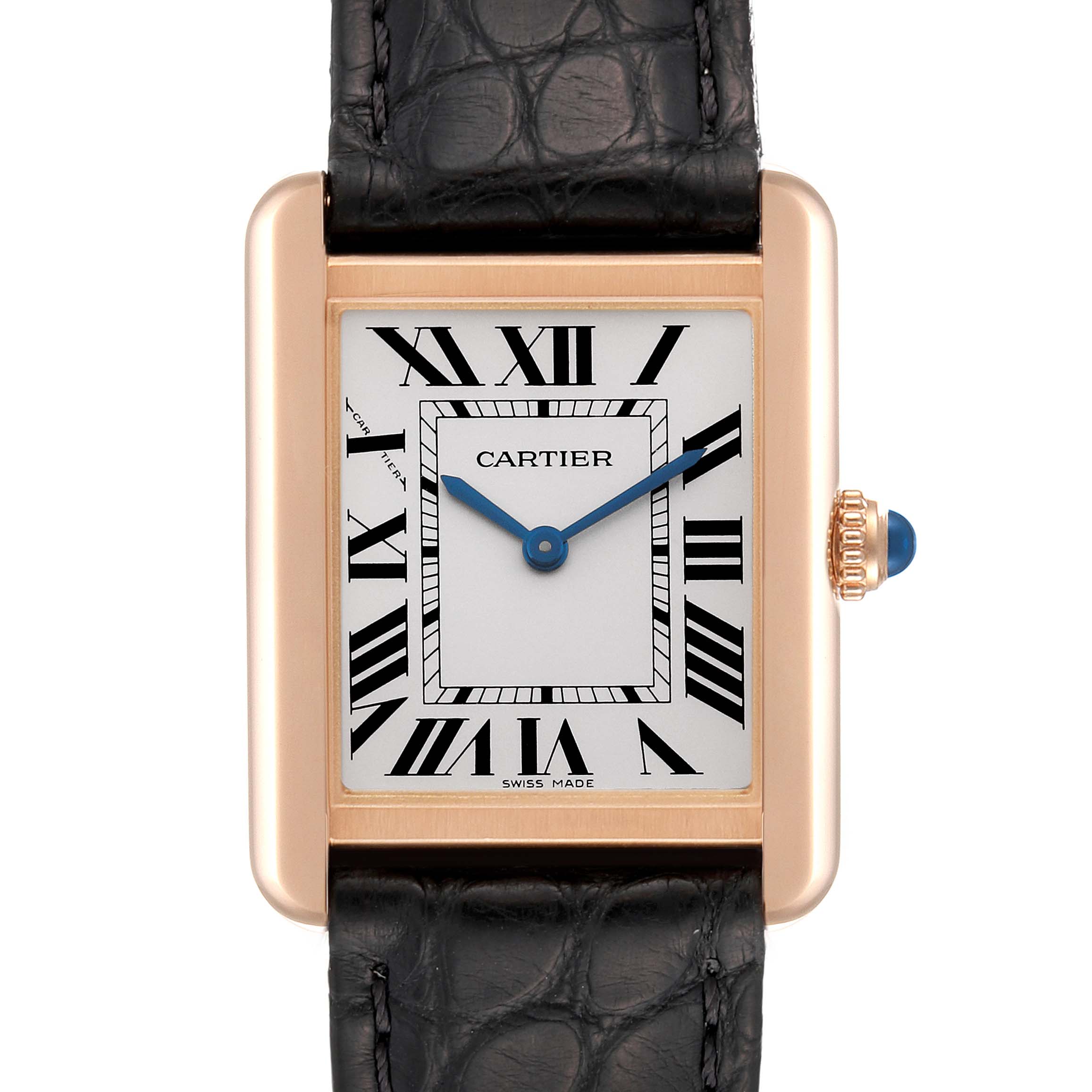 This image shows a front view of the Cartier Tank Solo W5200024 Women
s Steel and Gold (two tone) Silver Dial W5200024 Women
s Steel and Gold (two tone) Silver Dial watch, highlighting its rectangular face, Roman numerals, and leather strap.