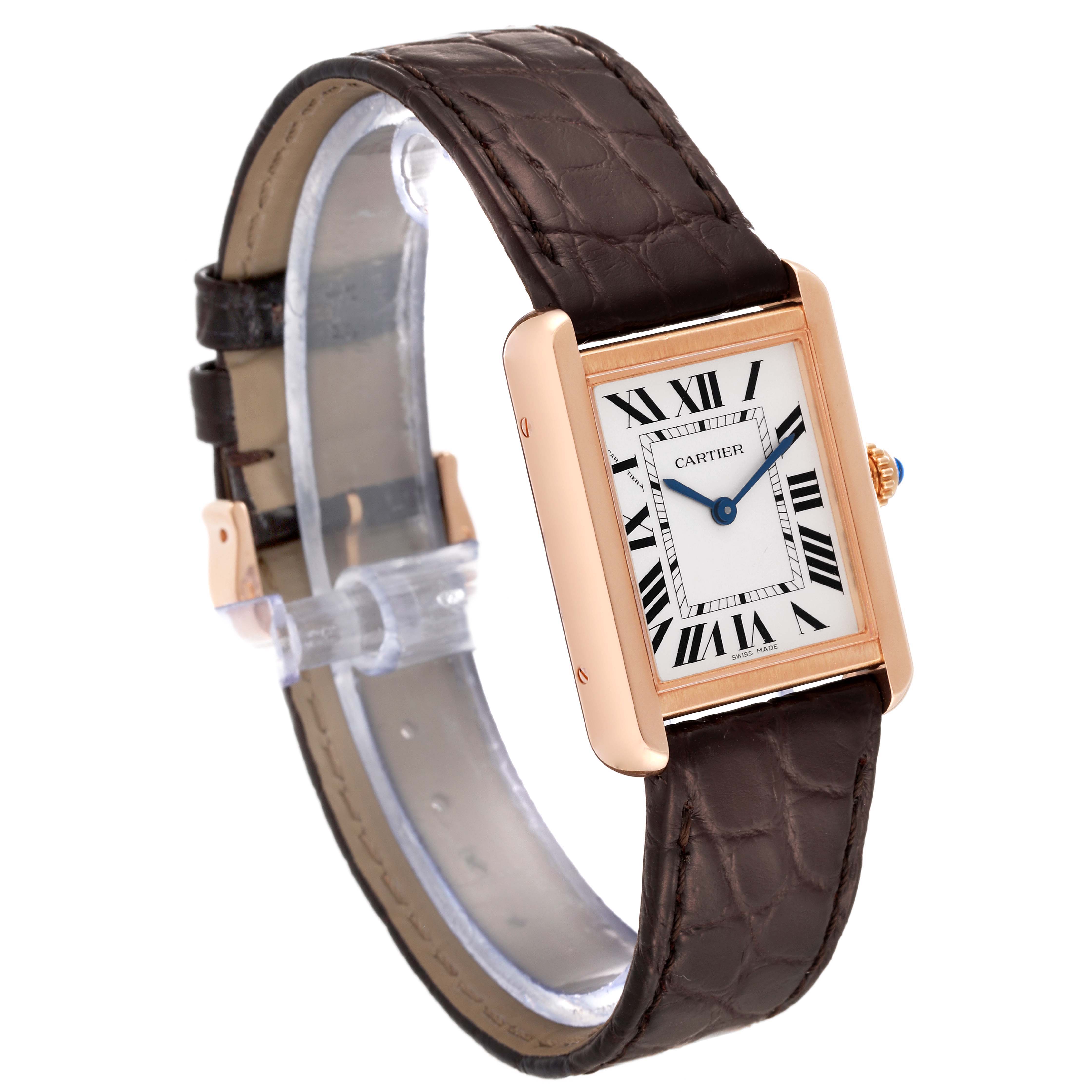 The image shows a Cartier Tank Solo W5200024 Women
s Steel and Gold (two tone) Silver Dial W5200024 Women
s Steel and Gold (two tone) Silver Dial watch angled from the front-left, highlighting its rectangular dial and brown leather strap.
