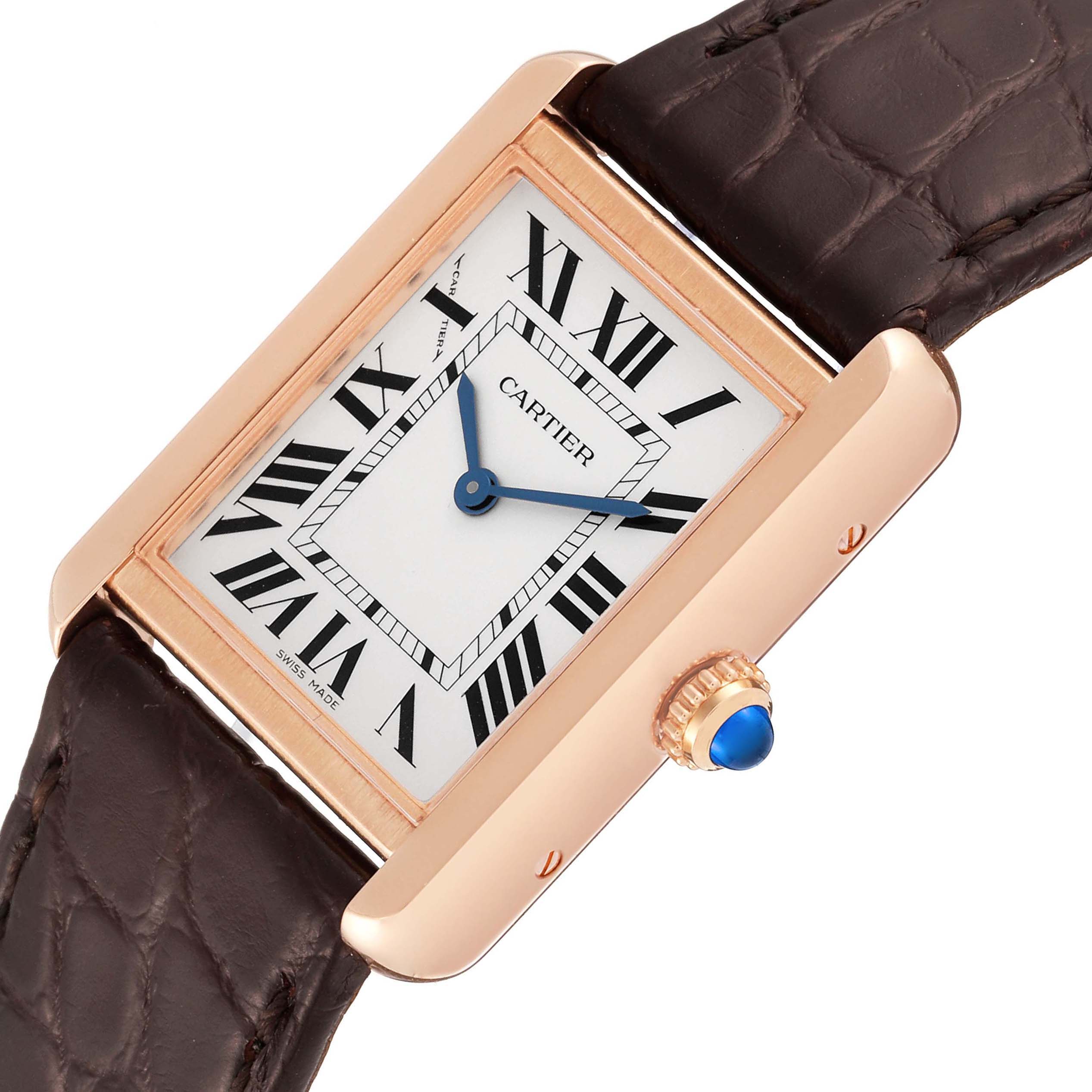 The image shows a Cartier Tank Solo W5200024 Women
s Steel and Gold (two tone) Silver Dial W5200024 Women
s Steel and Gold (two tone) Silver Dial watch at an angle highlighting its rectangular case, dial, blue hands, crown, and leather strap.