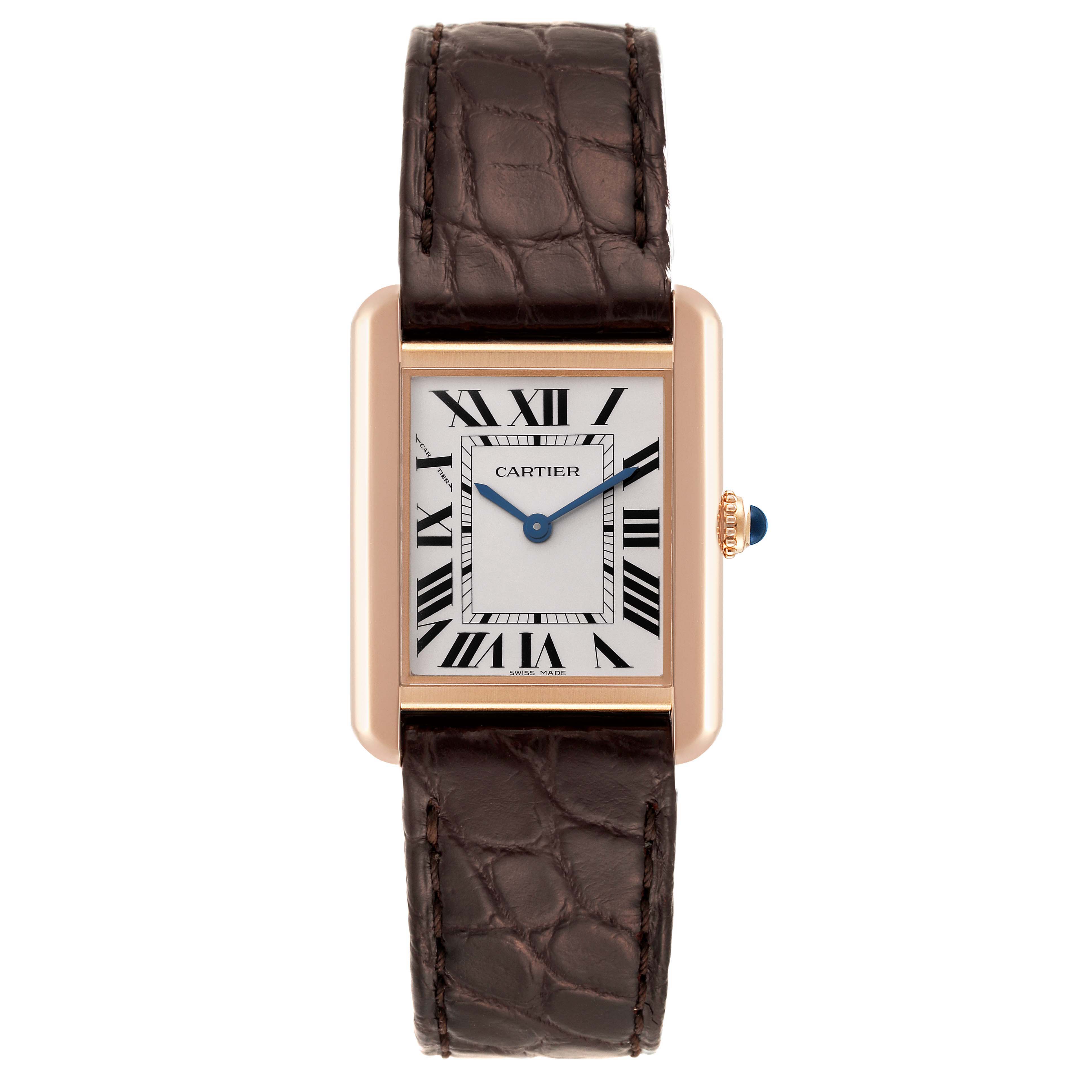 This image shows a Cartier Tank Solo W5200024 Women
s Steel and Gold (two tone) Silver Dial W5200024 Women
s Steel and Gold (two tone) Silver Dial watch from a front angle, featuring its rectangular face and brown leather strap.