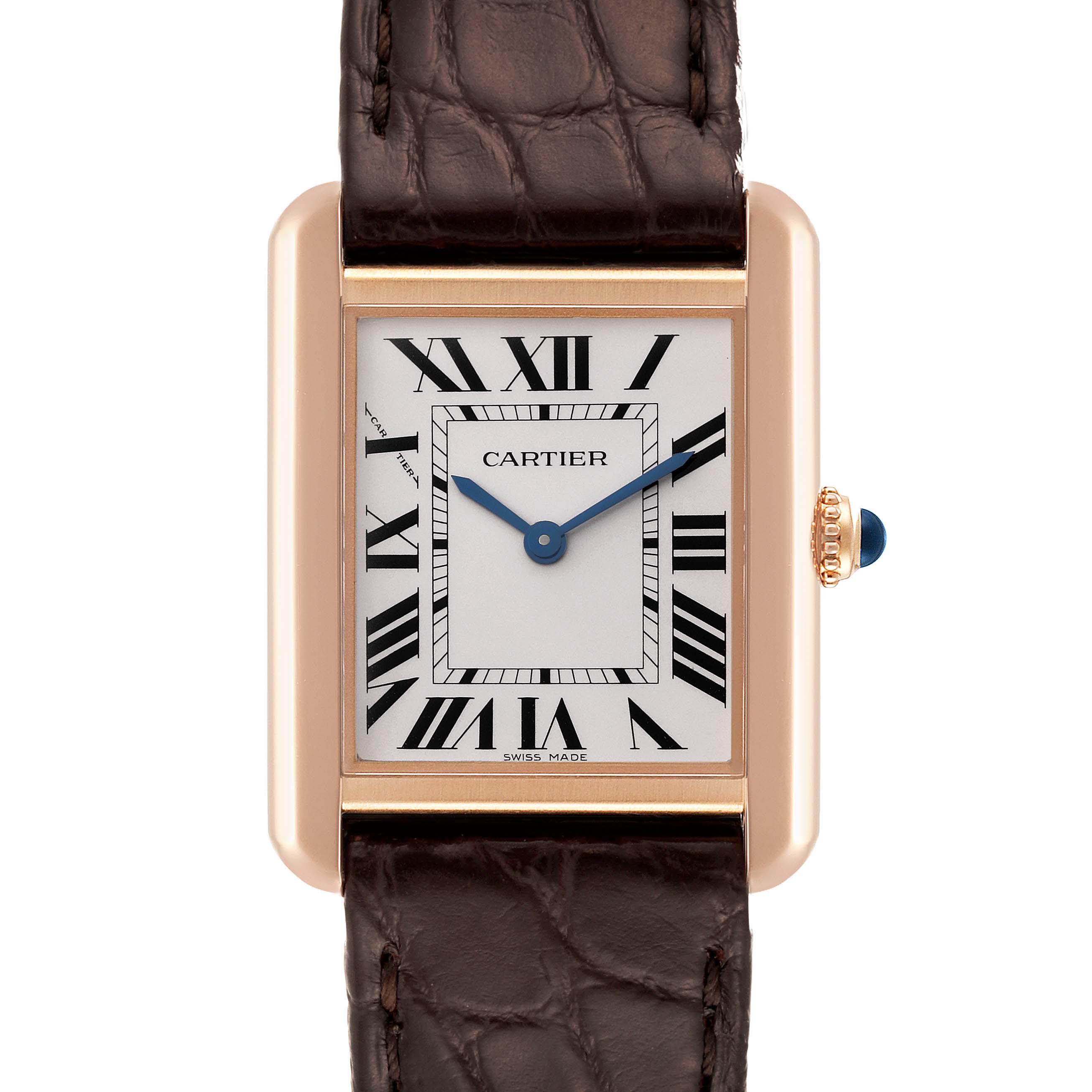 The image shows a frontal view of the Cartier Tank Solo W5200024 Women
s Steel and Gold (two tone) Silver Dial W5200024 Women
s Steel and Gold (two tone) Silver Dial watch, including its face, Roman numerals, and part of the leather strap.