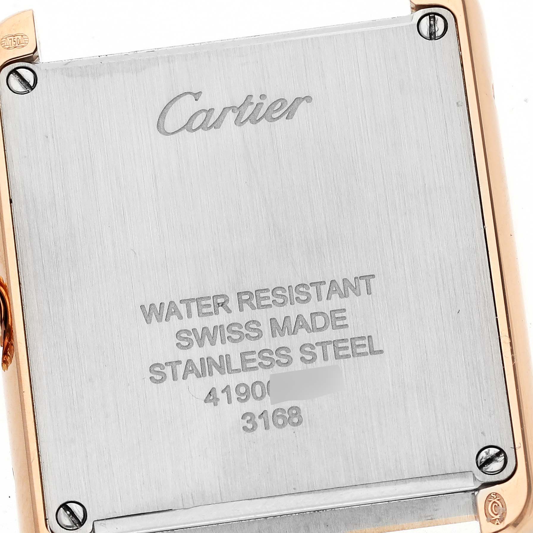 The image shows the back case of a Cartier Tank Solo W5200024 Women
s Steel and Gold (two tone) Silver Dial W5200024 Women
s Steel and Gold (two tone) Silver Dial watch, highlighting its water resistance, origin, and material.