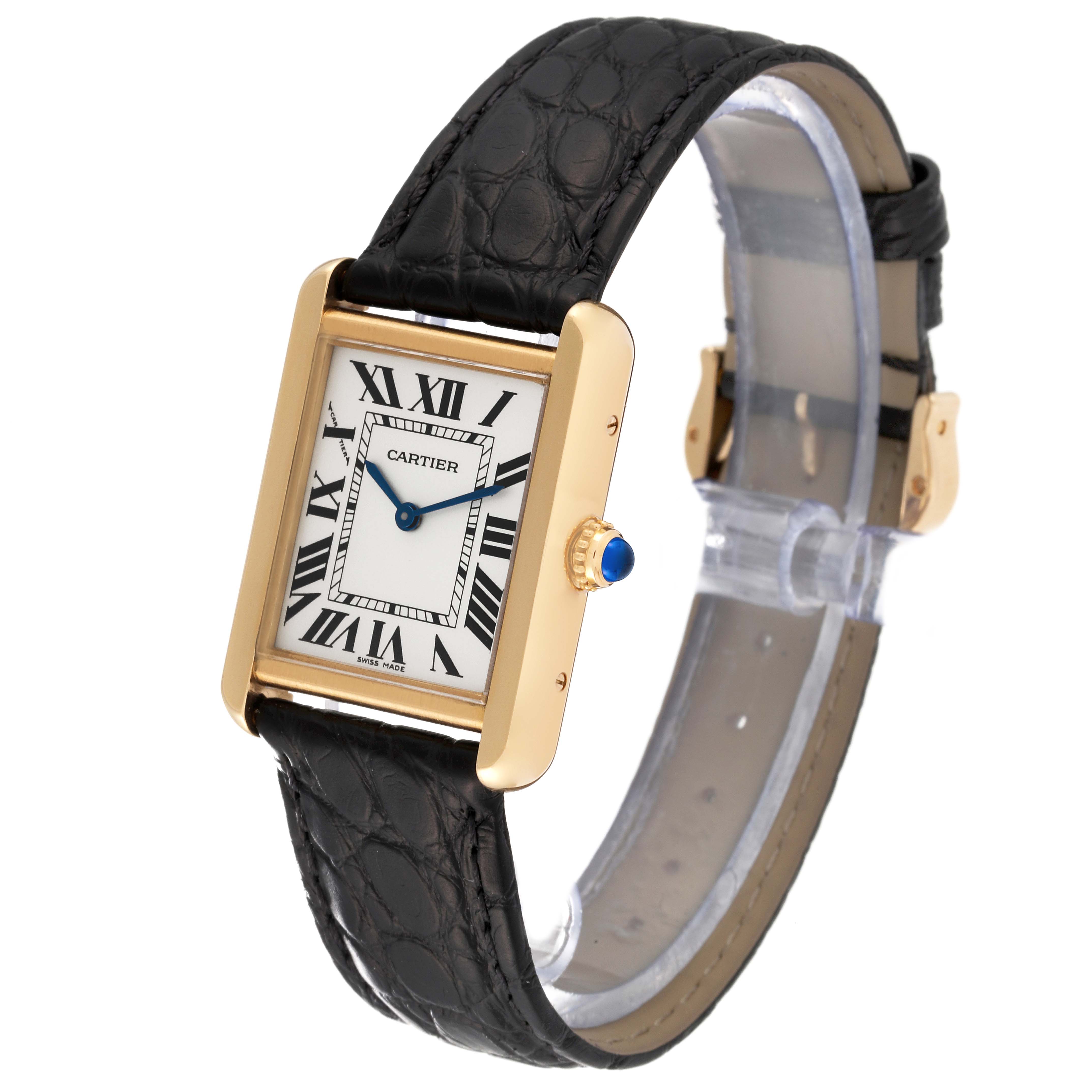 The image shows a Cartier Tank Solo W1018755 Women
s Steel and Gold (two tone) Silver Dial W1018755 Women
s Steel and Gold (two tone) Silver Dial watch at a three-quarter angle, highlighting the face, crown, and leather strap.