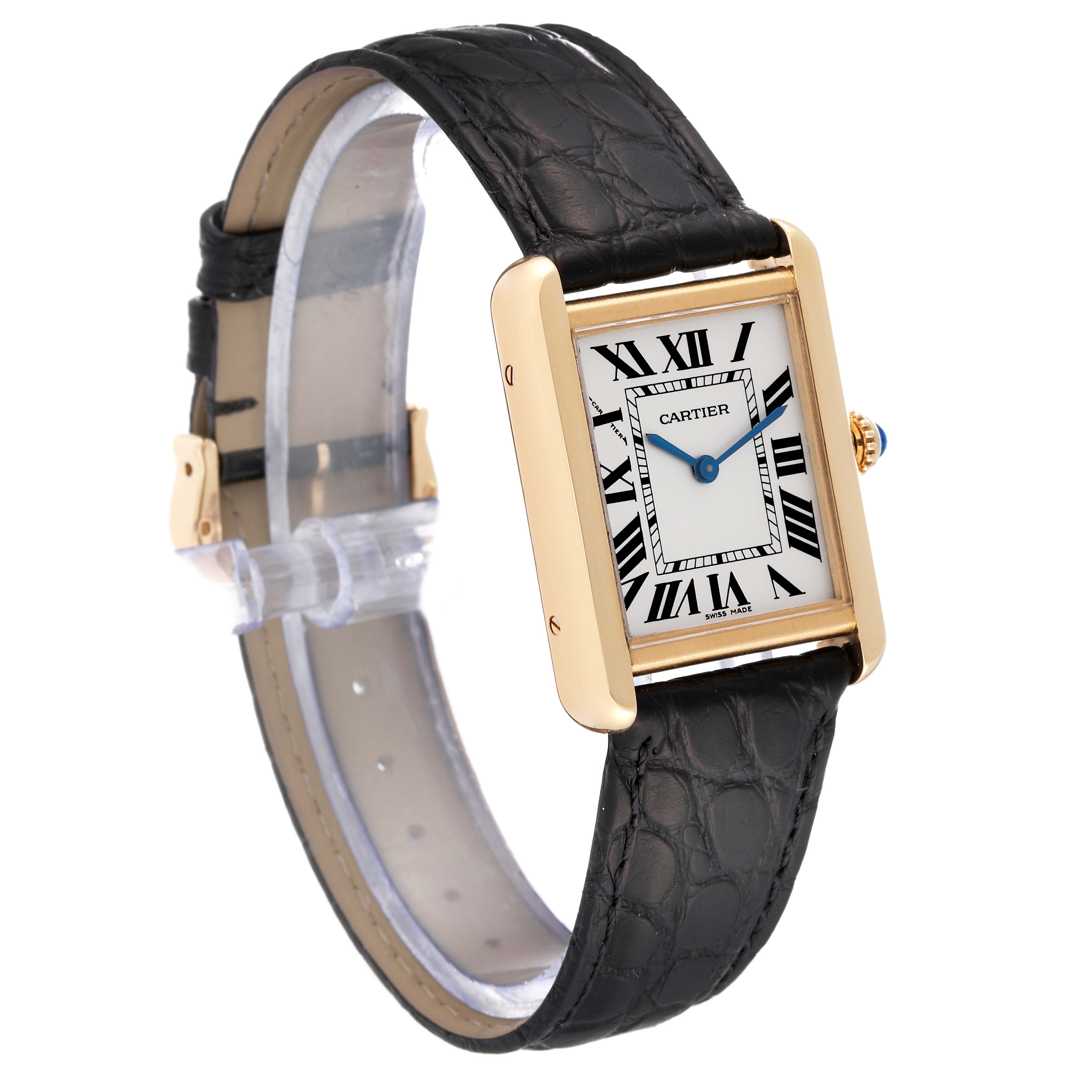 This image shows a Cartier Tank Solo W1018755 Women
s Steel and Gold (two tone) Silver Dial W1018755 Women
s Steel and Gold (two tone) Silver Dial watch at a three-quarter view, displaying the face, case, and leather strap.