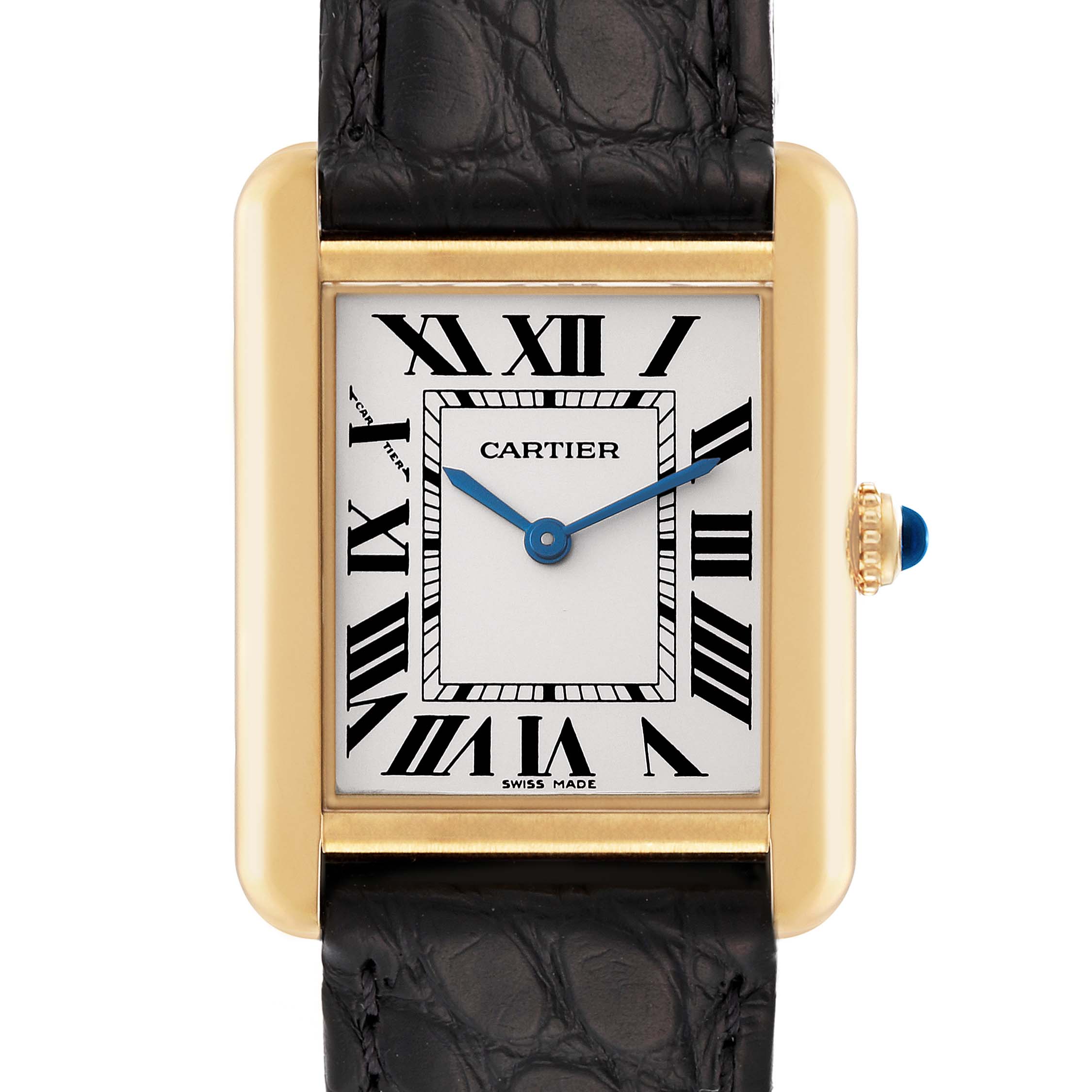 The Cartier Tank Solo W1018755 Women
s Steel and Gold (two tone) Silver Dial W1018755 Women
s Steel and Gold (two tone) Silver Dial watch is shown from a front angle, highlighting its face, case, and part of the strap.