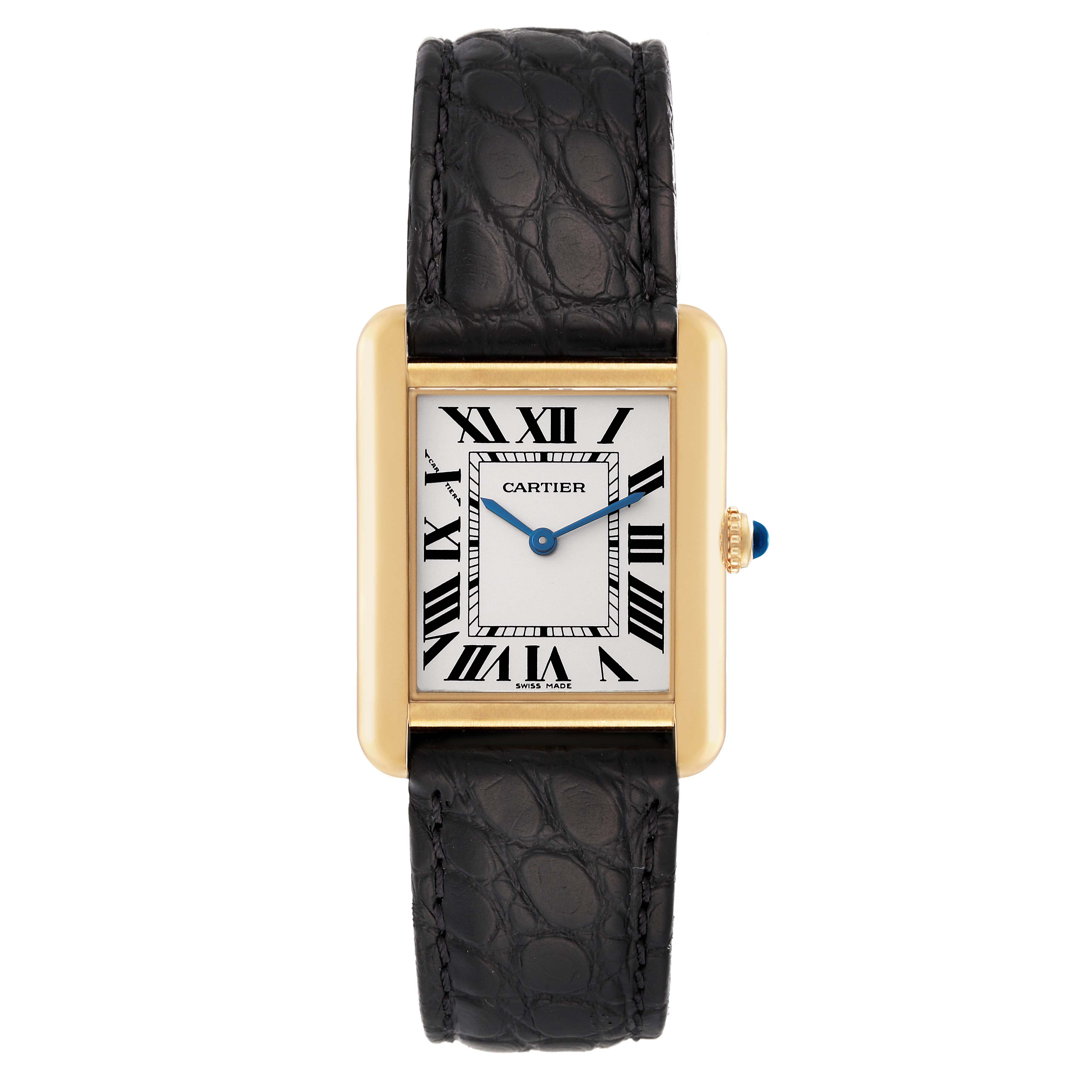 This image shows a top-down view of the Cartier Tank Solo W1018755 Women
s Steel and Gold (two tone) Silver Dial W1018755 Women
s Steel and Gold (two tone) Silver Dial watch, featuring a gold case, white dial with Roman numerals, and black alligator strap.