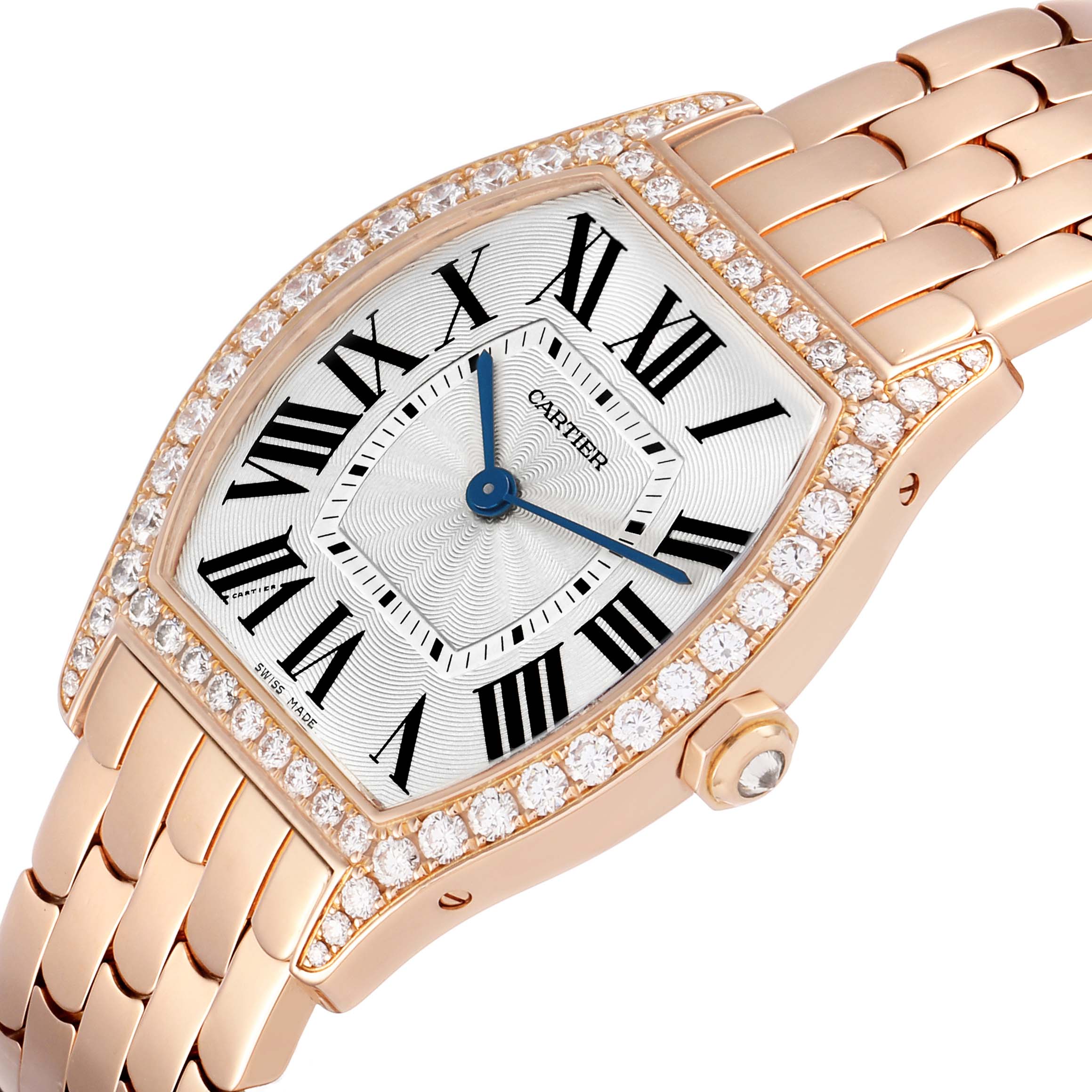The Cartier Tortue WA501012 Women's Rose Gold Silver Dial watch is shown from a top angle, highlighting the diamond bezel, face, and bracelet.