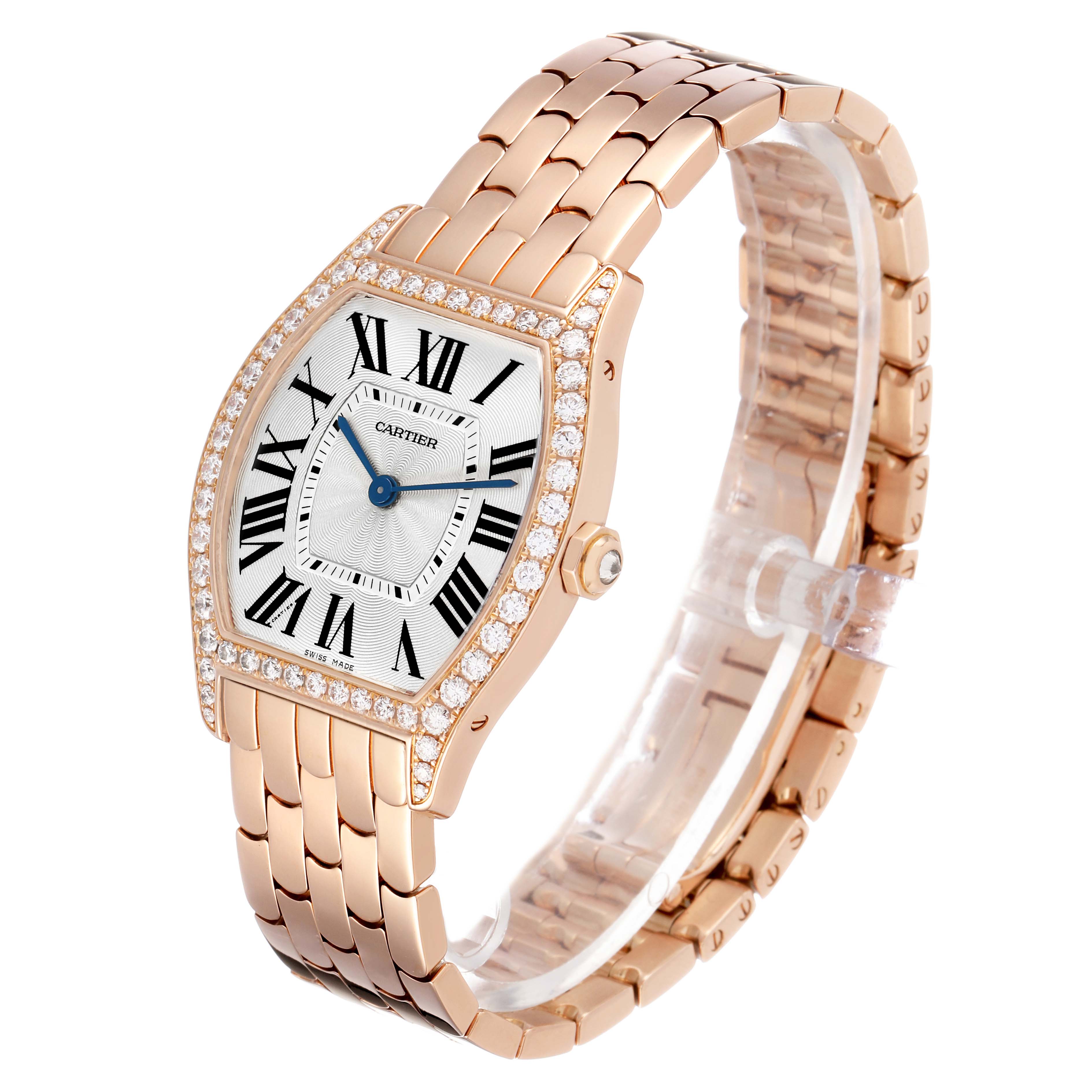 The Cartier Tortue WA501012 Women's Rose Gold Silver Dial watch is shown at a three-quarter angle highlighting its face, bracelet, and diamond-set bezel.