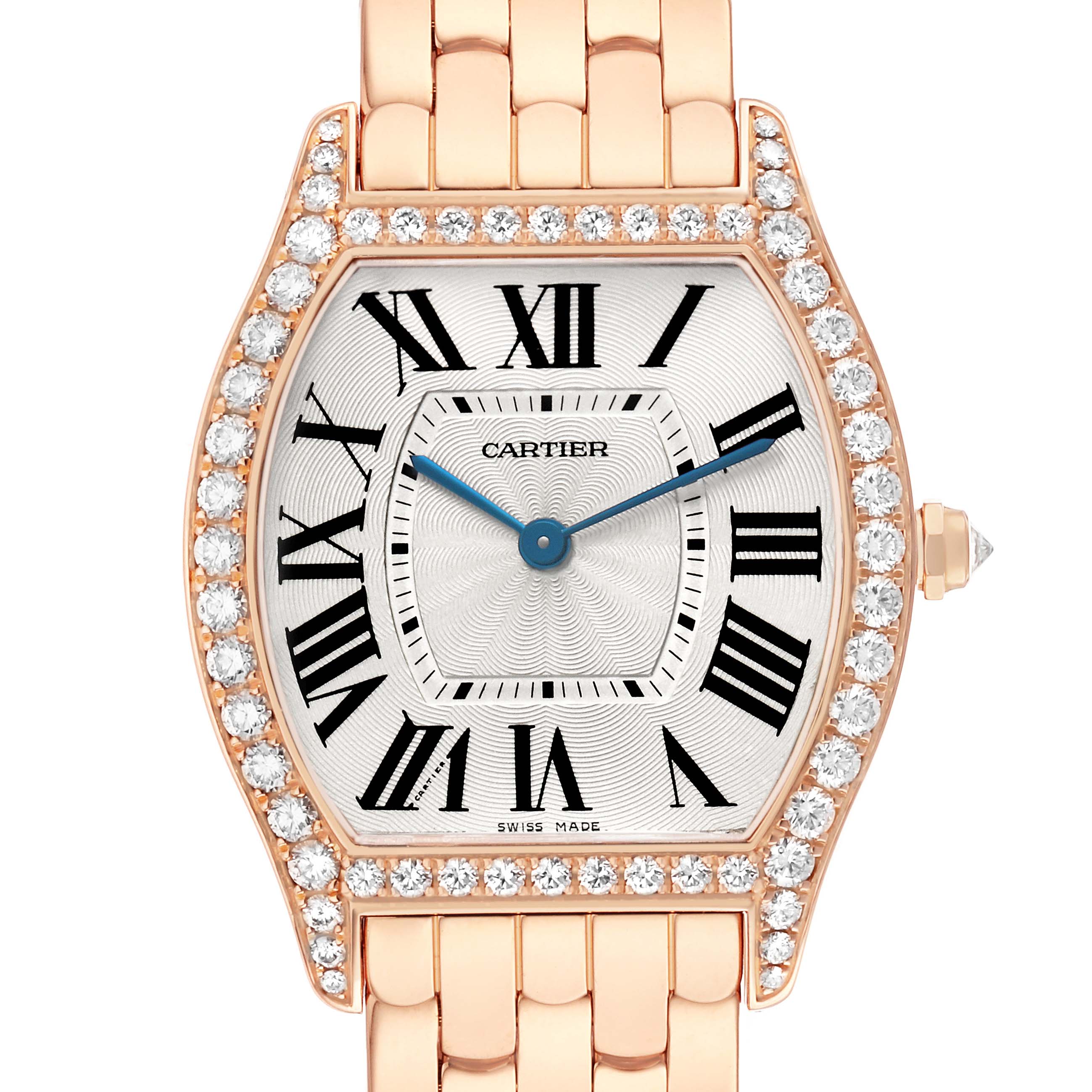 The Cartier Tortue WA501012 Women's Rose Gold Silver Dial watch is shown from the front, highlighting its diamond-encrusted bezel, Roman numerals, and rose gold bracelet.