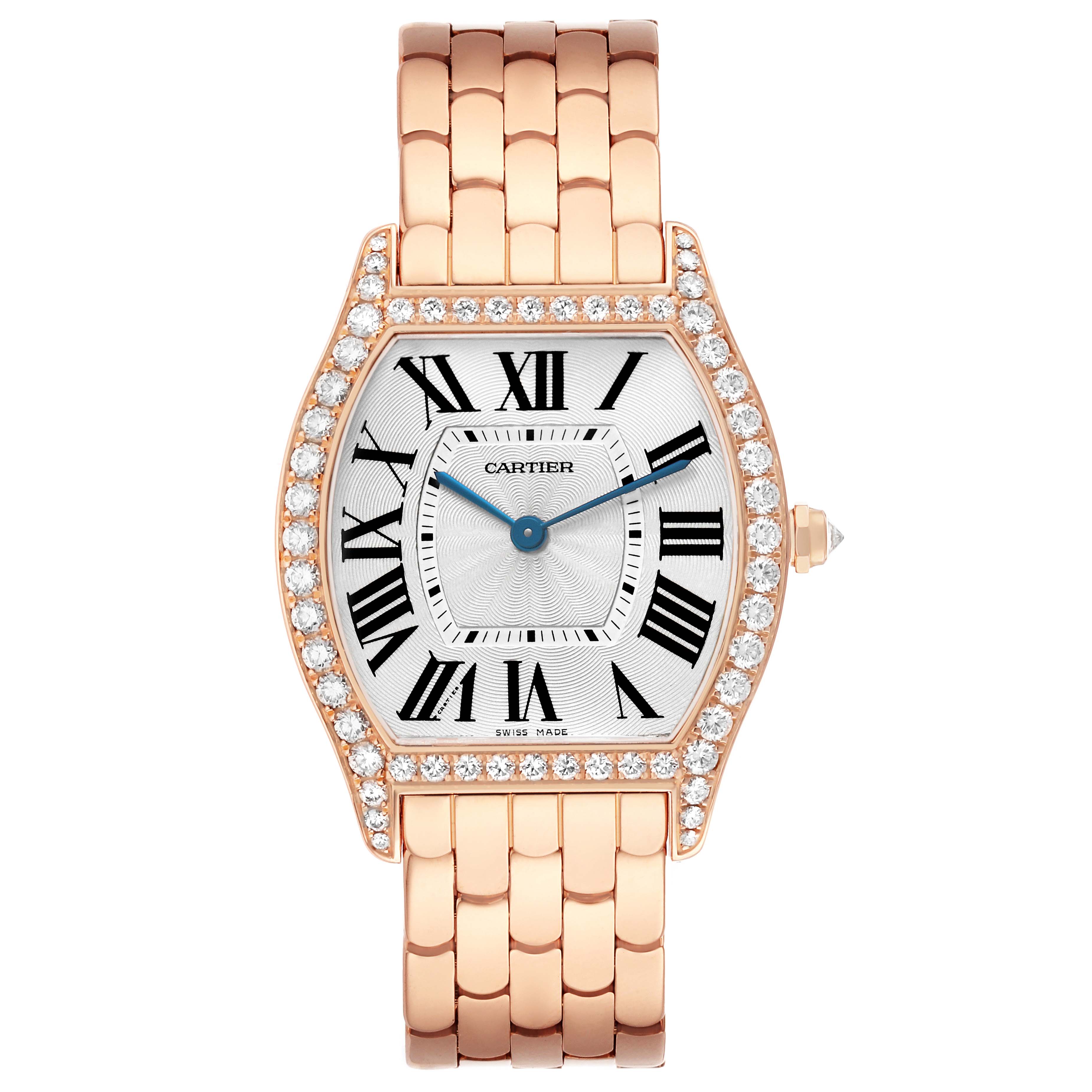 The Cartier Tortue WA501012 Women's Rose Gold Silver Dial watch is shown from the front, highlighting its dial, case, diamond bezel, and bracelet.