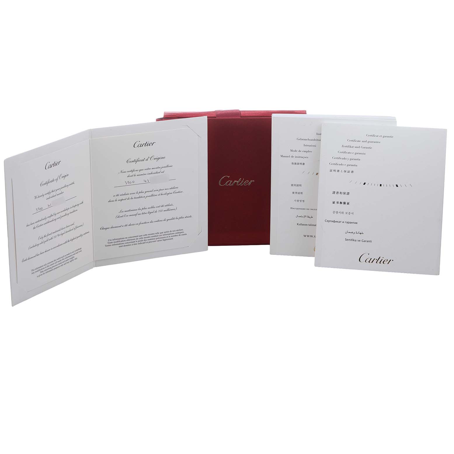 This image shows the Cartier Tortue WA501012 Women's Rose Gold Silver Dial watch packaging, including booklets and a red box.