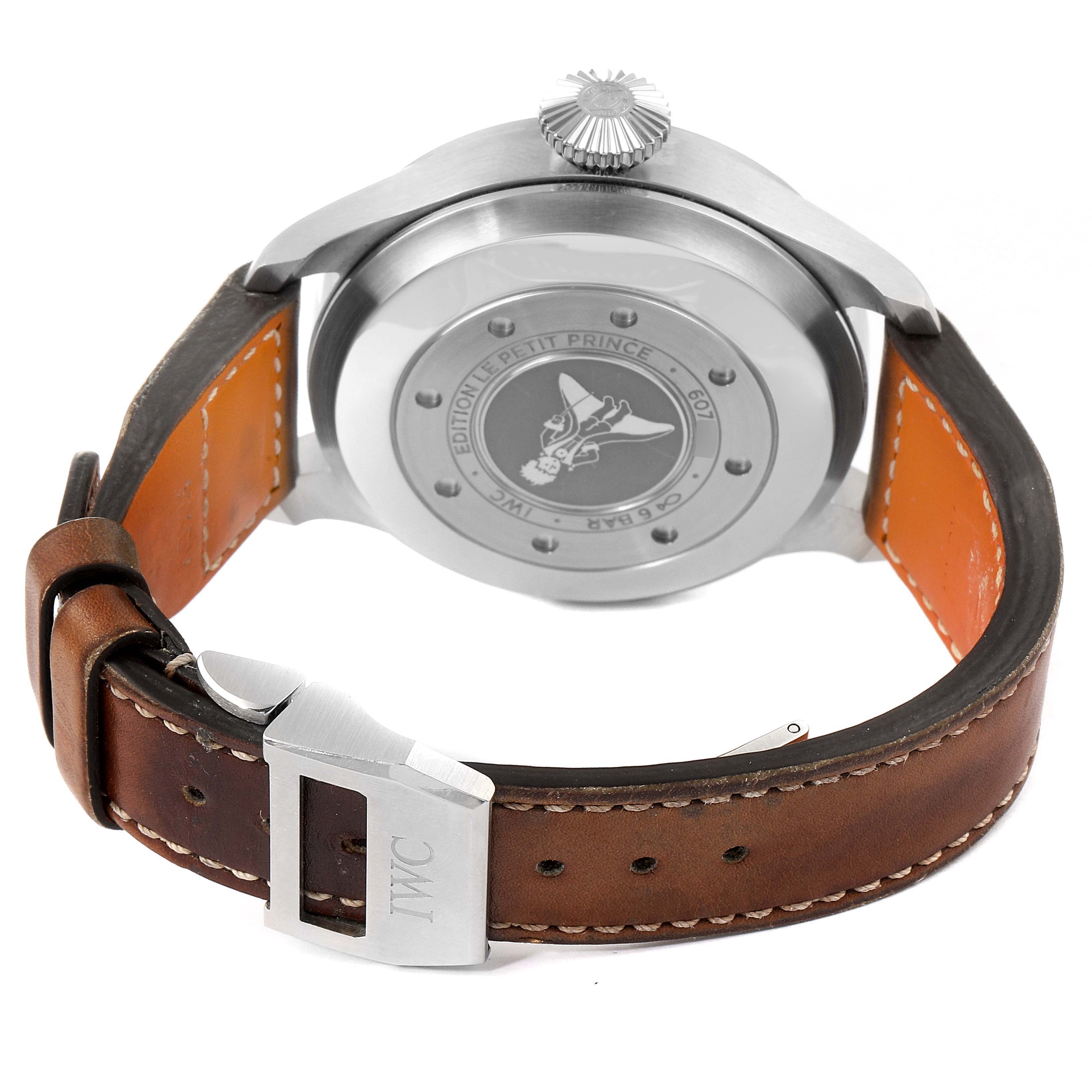 The image shows the back view of an IWC Pilot IW500916 Men's Stainless Steel Blue Dial IW500916 Men's Stainless Steel Blue Dial model watch featuring a leather strap and branded clasp.