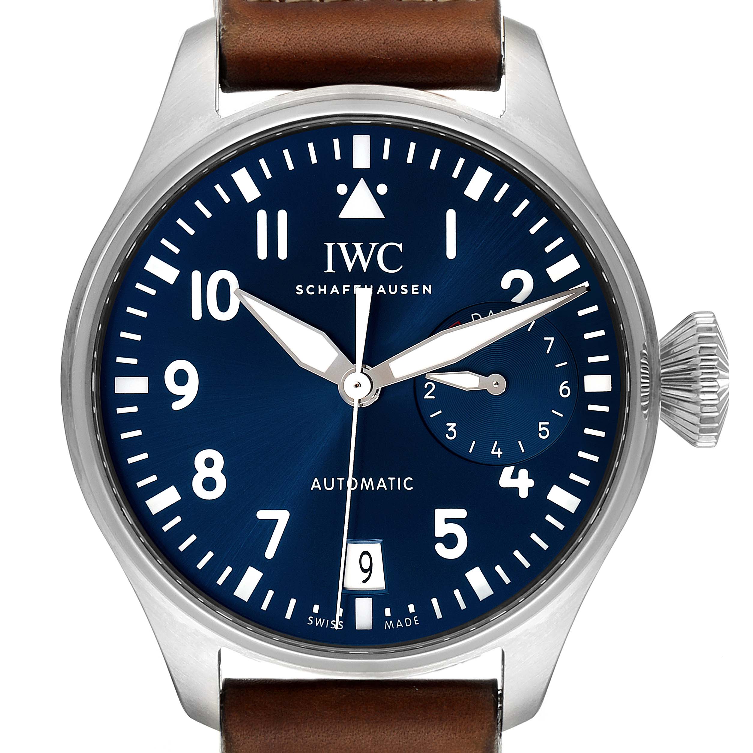 The image shows a front view of an IWC Pilot IW500916 Men's Stainless Steel Blue Dial IW500916 Men's Stainless Steel Blue Dial model watch, featuring a blue dial, brown leather strap, and automatic movement indication.