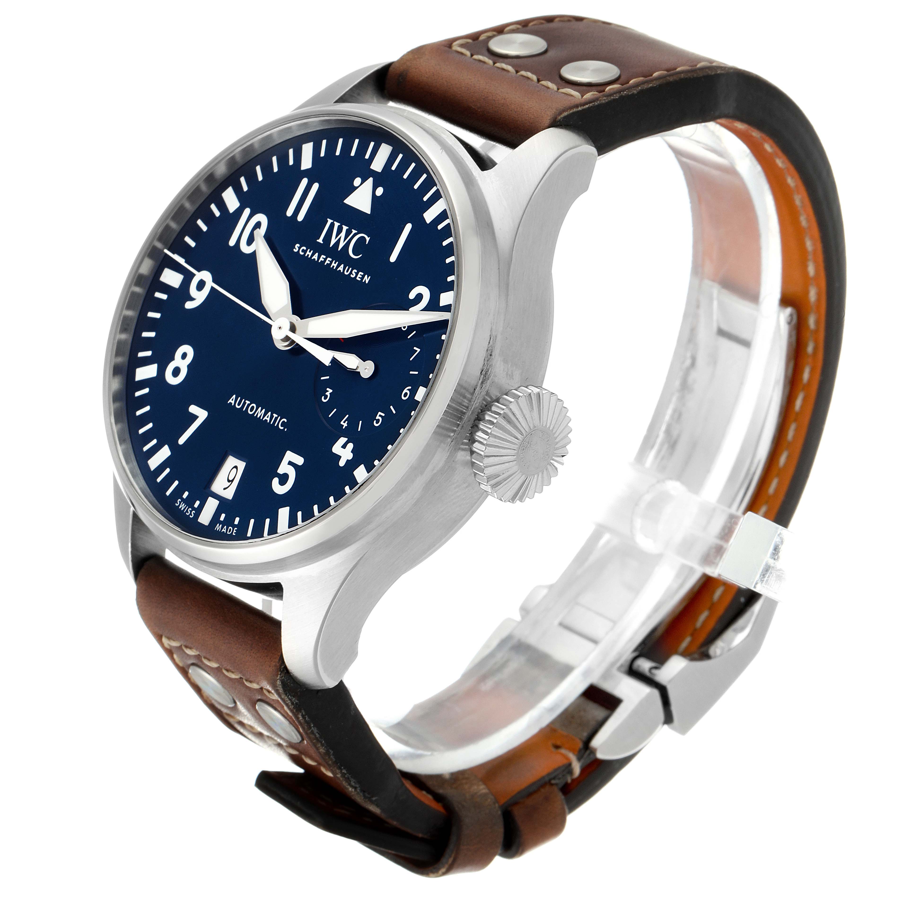 The image shows an IWC Pilot IW500916 Men's Stainless Steel Blue Dial IW500916 Men's Stainless Steel Blue Dial model watch from a front-side angle, highlighting its dial, crown, and leather strap.