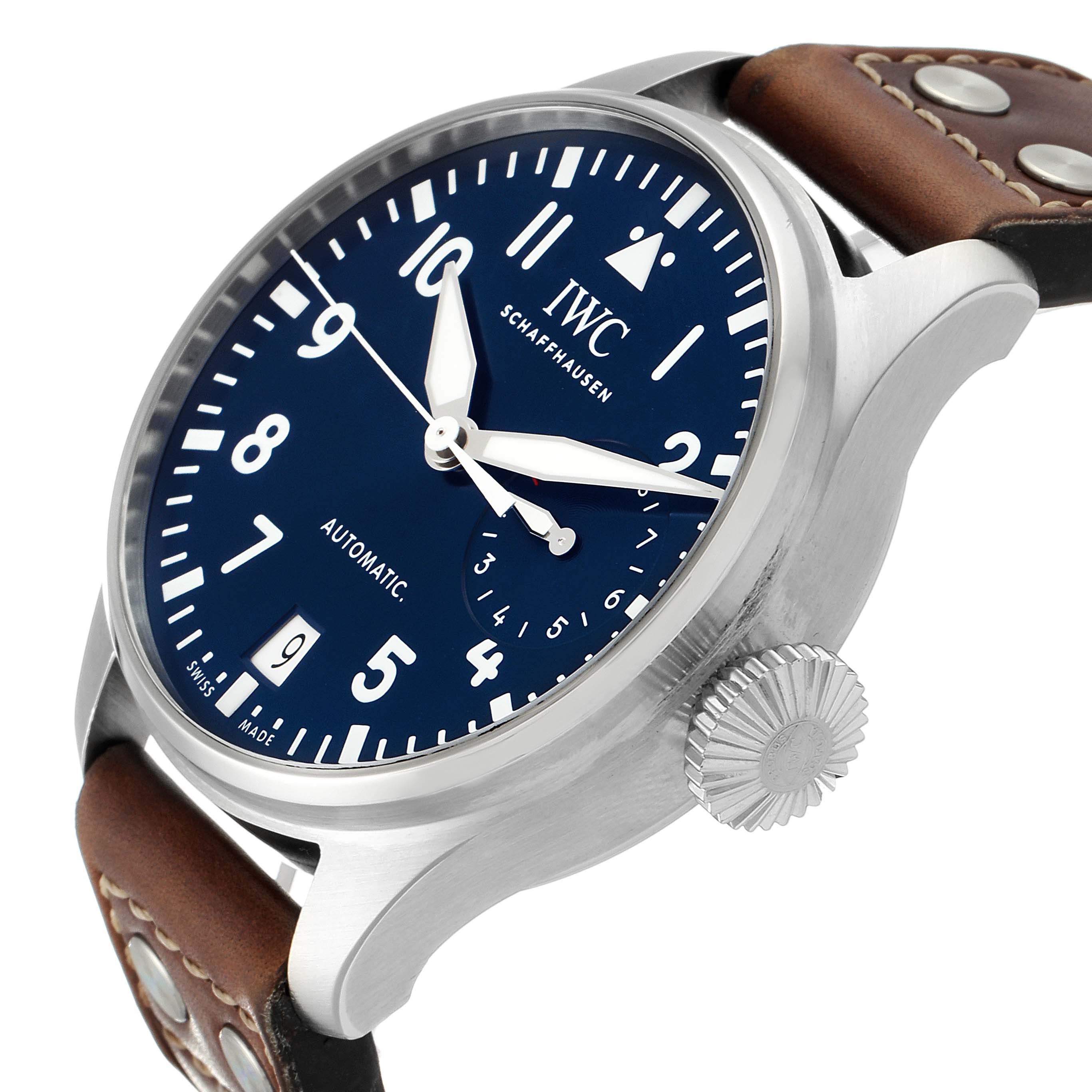 The image shows an angled side view of an IWC Pilot IW500916 Men's Stainless Steel Blue Dial IW500916 Men's Stainless Steel Blue Dial model watch, highlighting the dial, crown, and part of the leather strap.