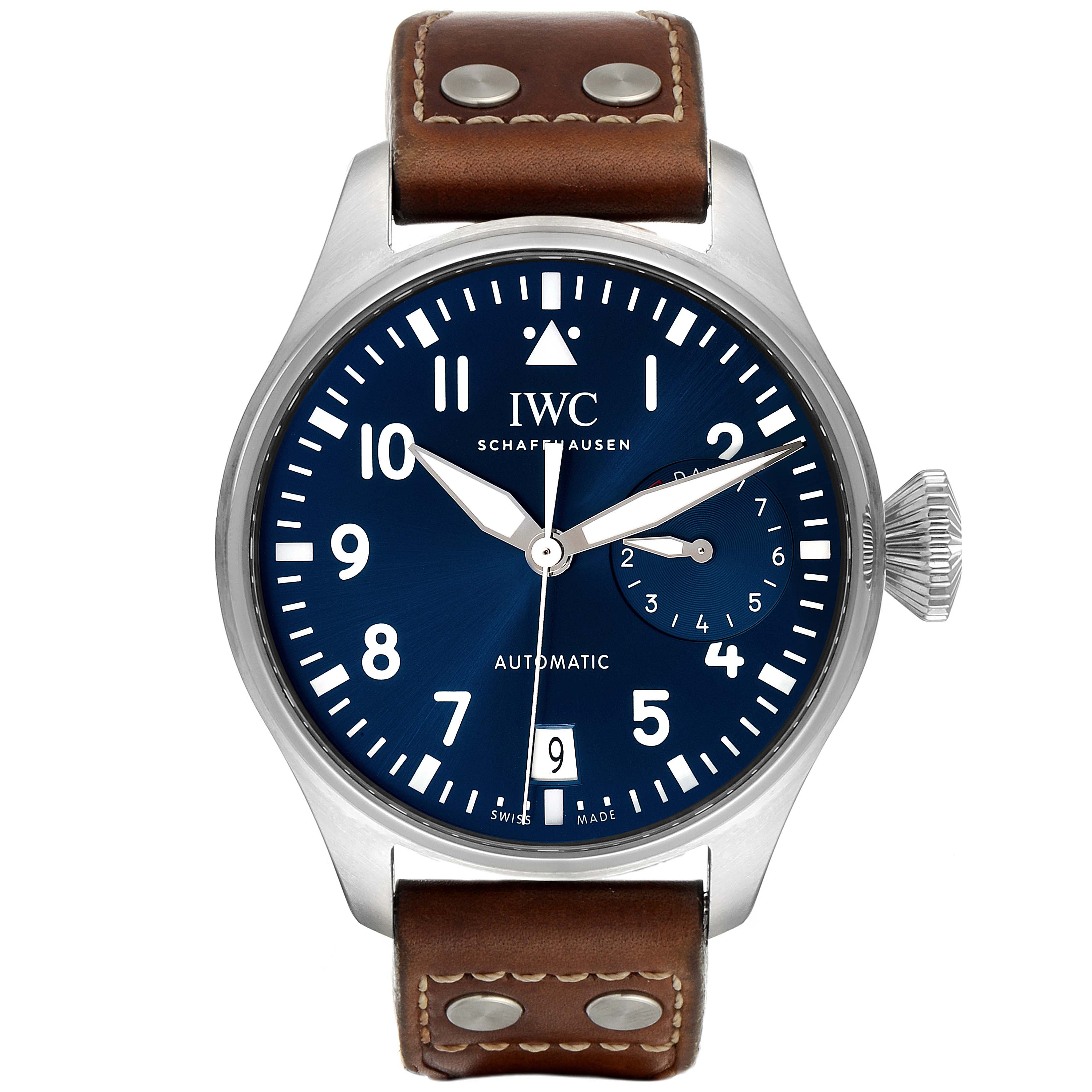 The image shows a front view of the IWC Pilot IW500916 Men's Stainless Steel Blue Dial IW500916 Men's Stainless Steel Blue Dial model watch, highlighting its blue dial, brown leather strap, and silver case.